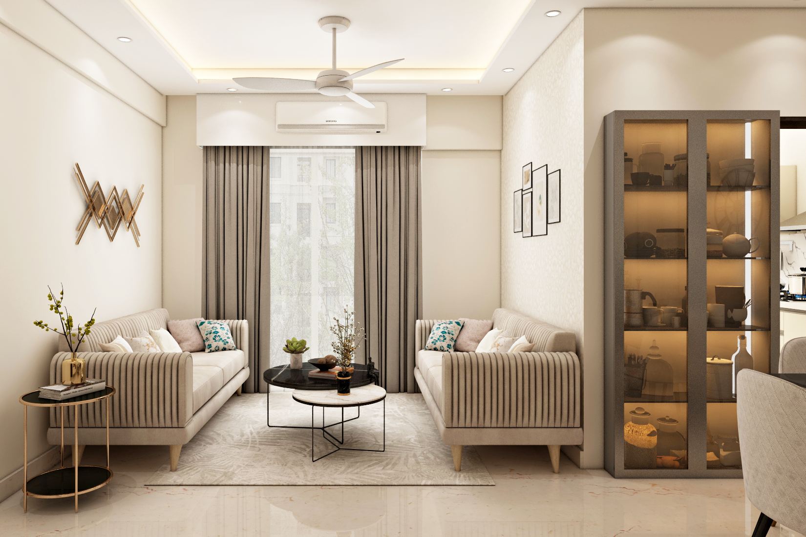 Современный дизайн гостиной с диваном с изогнутыми подлокотниками