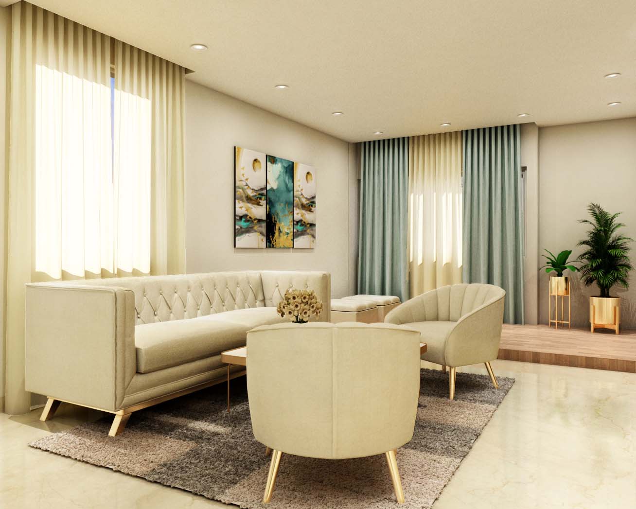 Spacious Cream-Textured Living Room Design With Grey Rug | Livspace