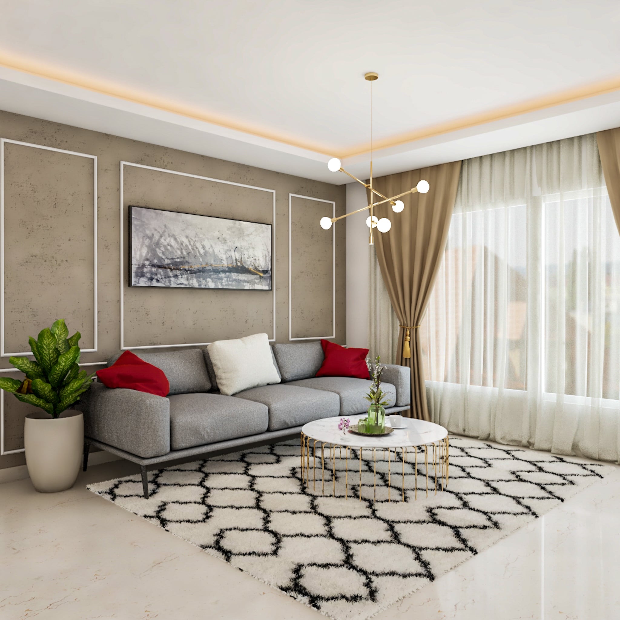 Compact Living Room Design With Wall Trims | Livspace