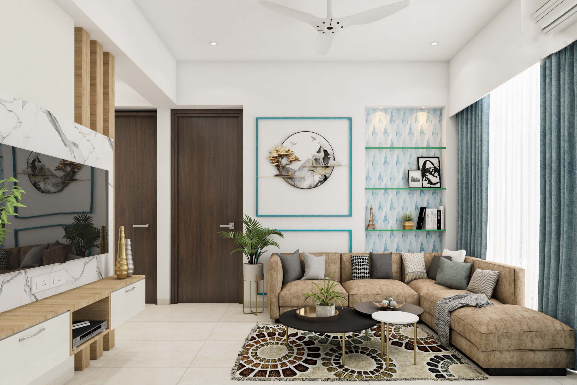 Spacious Convenient Modern Style Living Room Design | Livspace