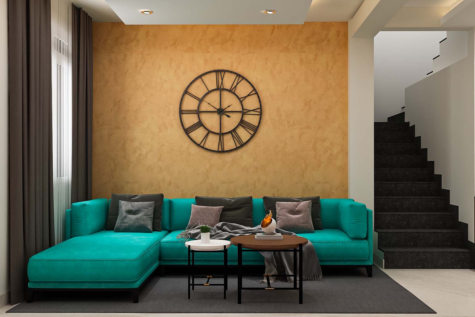 Современный дизайн просторной гостиной с L-образным синим диваном