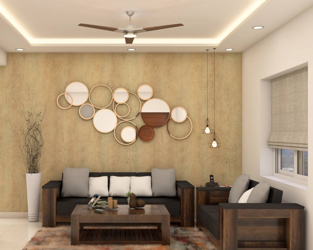 Современный дизайн просторной гостиной с произведениями искусства