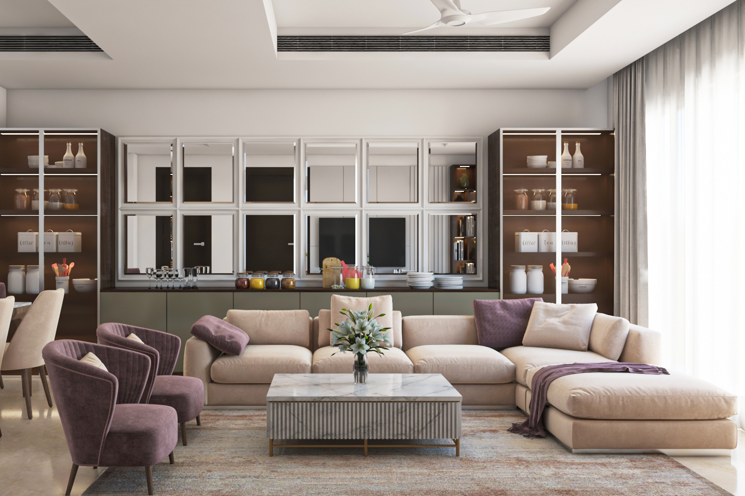 Spacious L-Shaped Living Room Design In Violet And Beige | Livspace