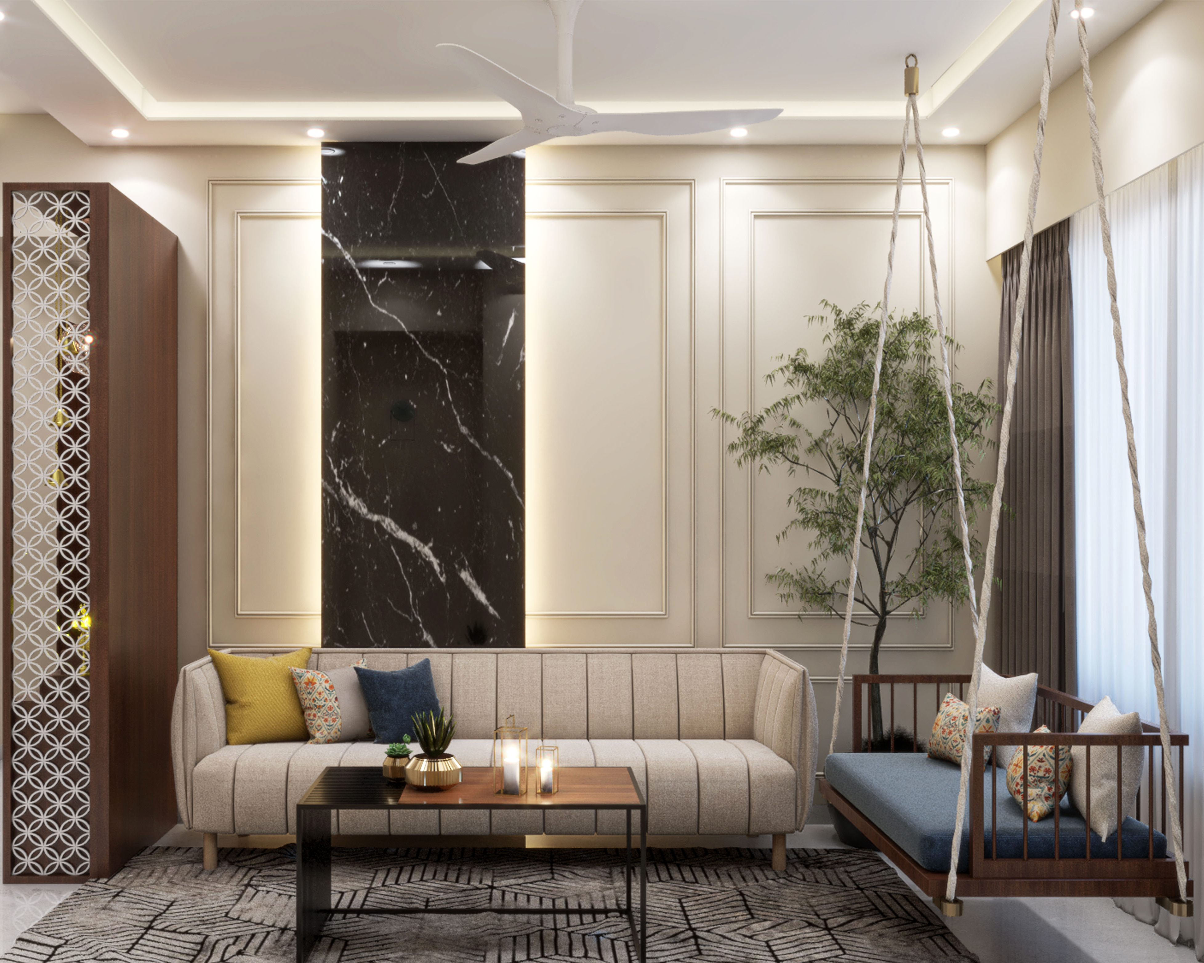 Multi-Functional Contemporary Compact Sized Living Room Design | Livspace