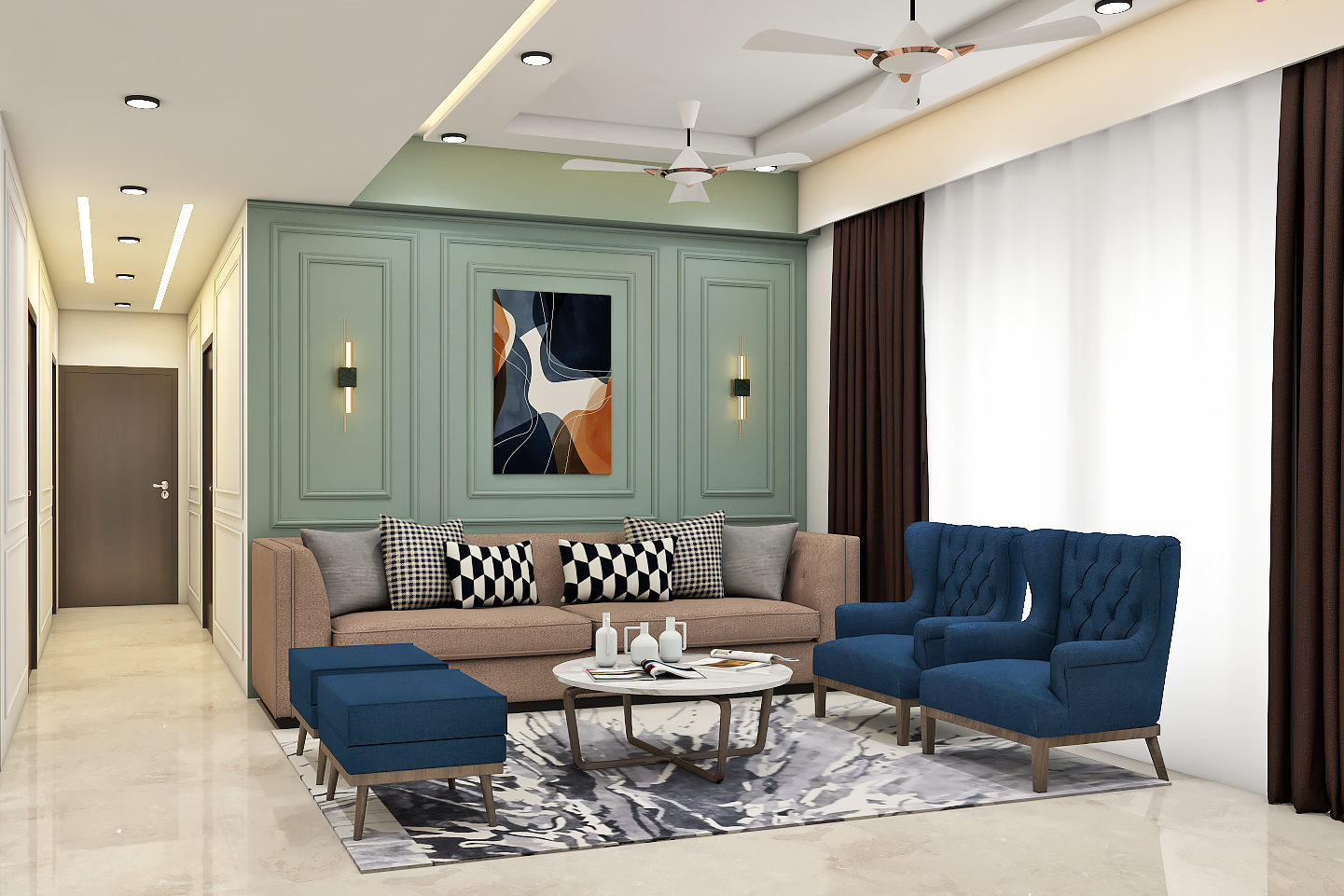 Spacious Living Room Design With Blue Accent Chairs | Livspace
