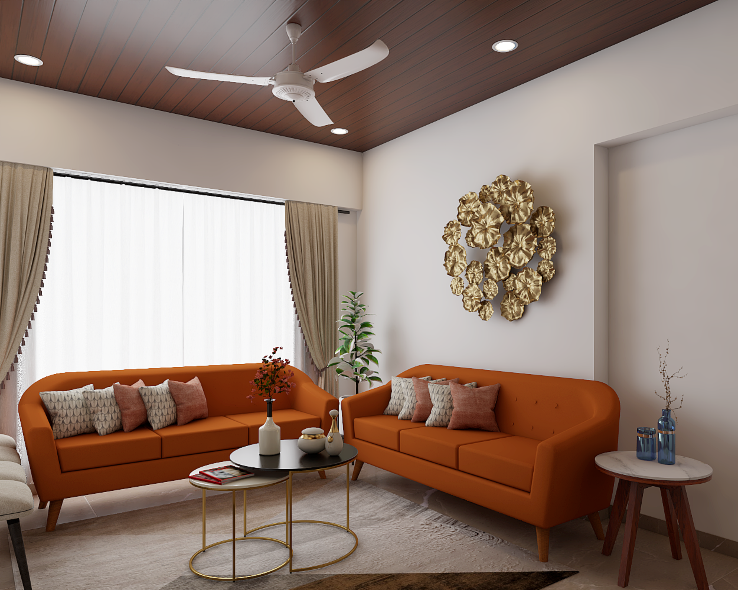 Spacious Living Room Design With Dark Orange Seaters | Livspace