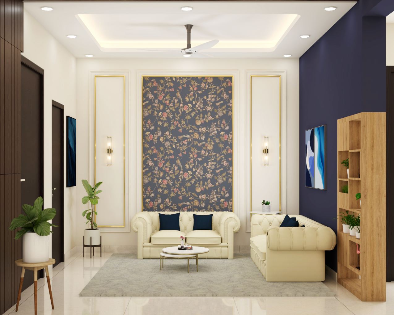 Современный дизайн гостиной с белыми диванами Честерфилд