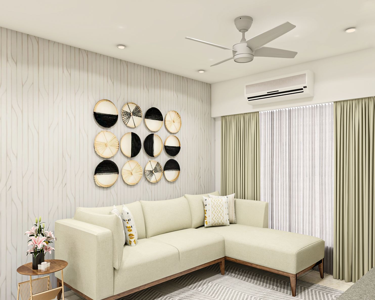 Современный дизайн гостиной с Г-образным диваном