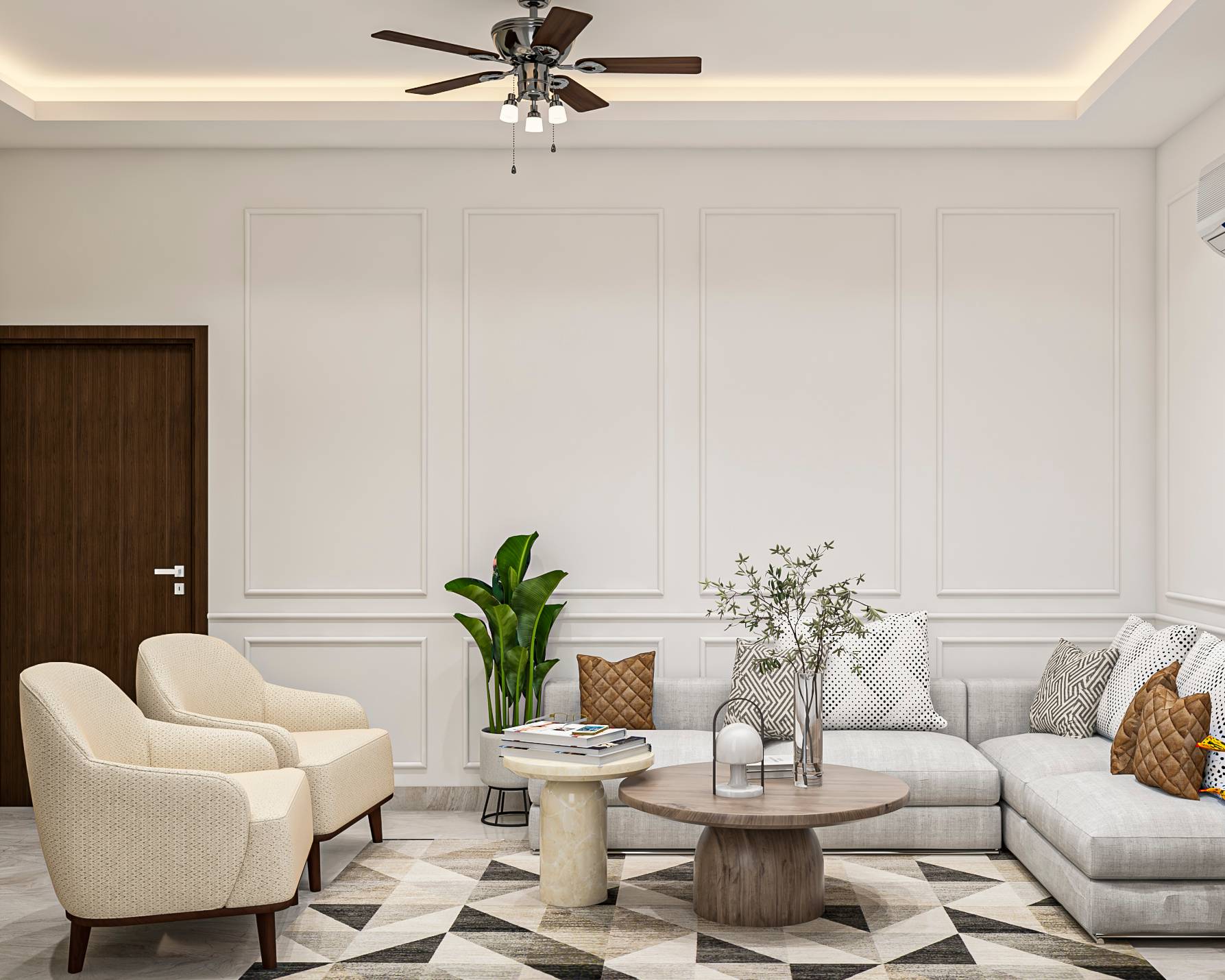 Modern Spacious Living Room With White Themed Interiors | Livspace
