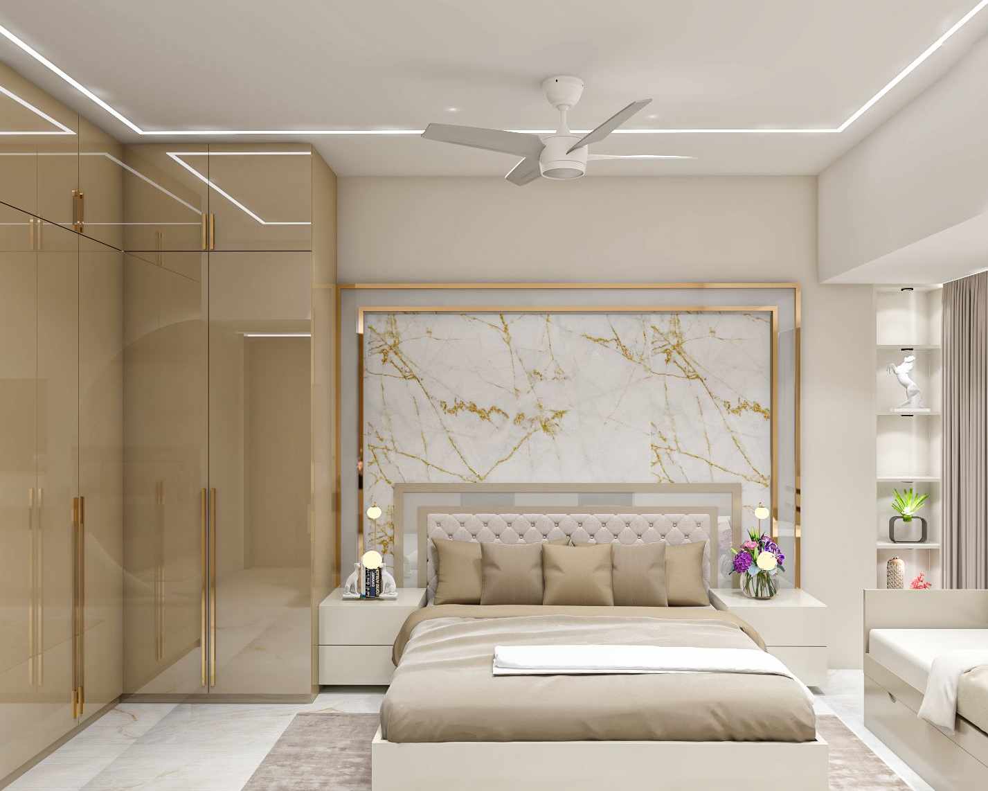 Contemporary Master Bedroom Design With Marble Accent Wall | Livspace