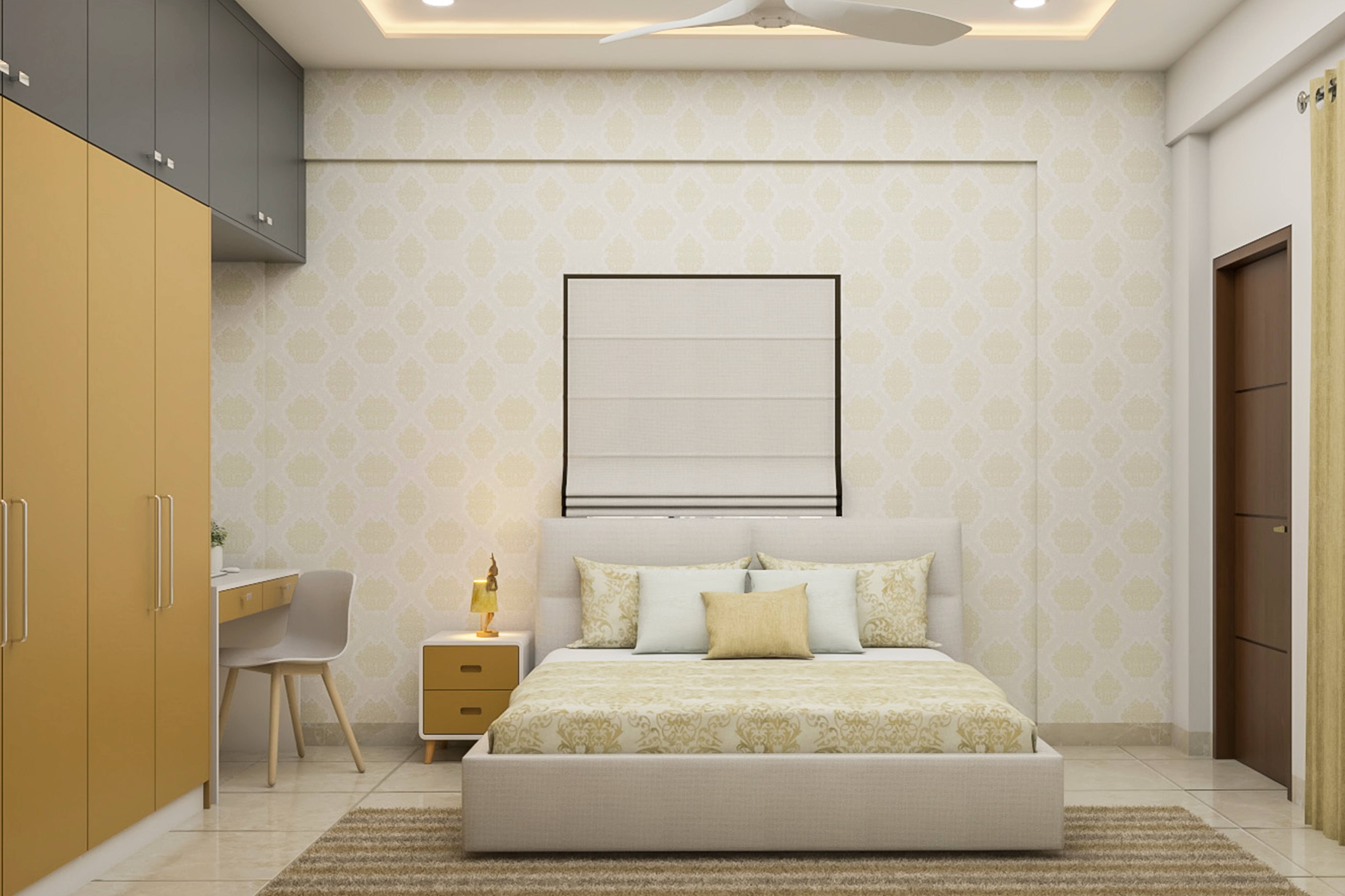 Master Bedroom Design With Beige Wallpaper | Livspace