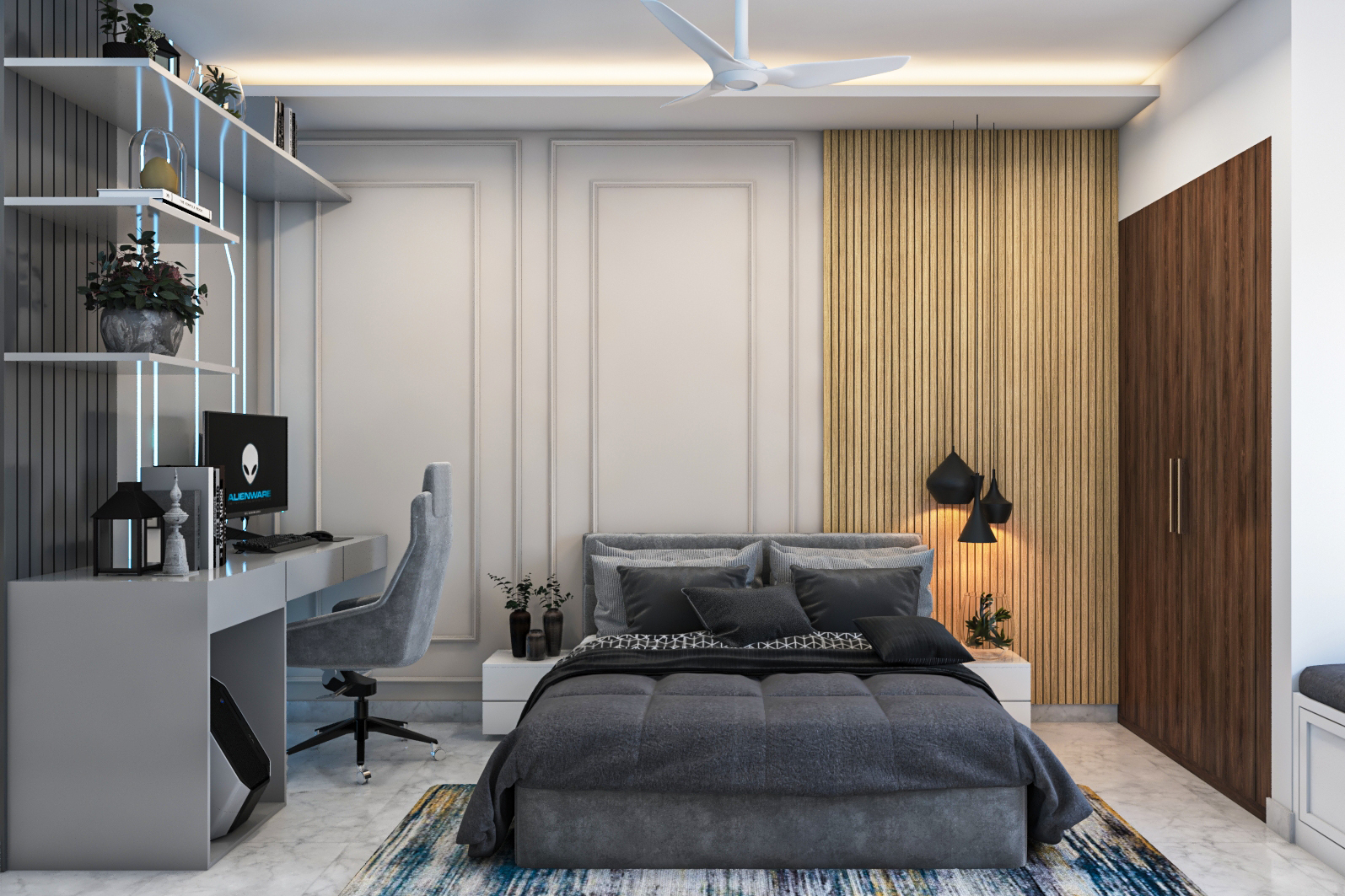 Grey Modern Master Bedroom Design With Painted Headboard | Livspace