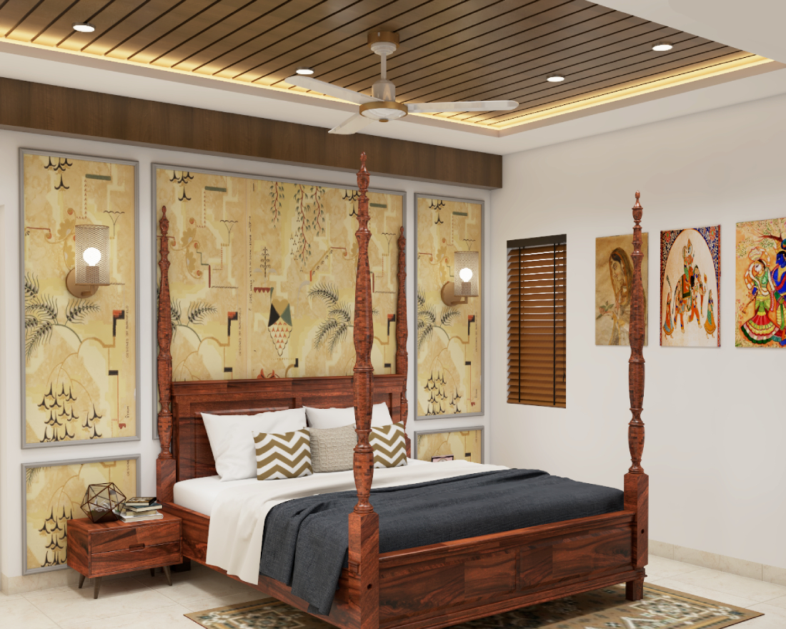 Indian Traditional Spacious Master Bedroom Design With Wall Trims ...
