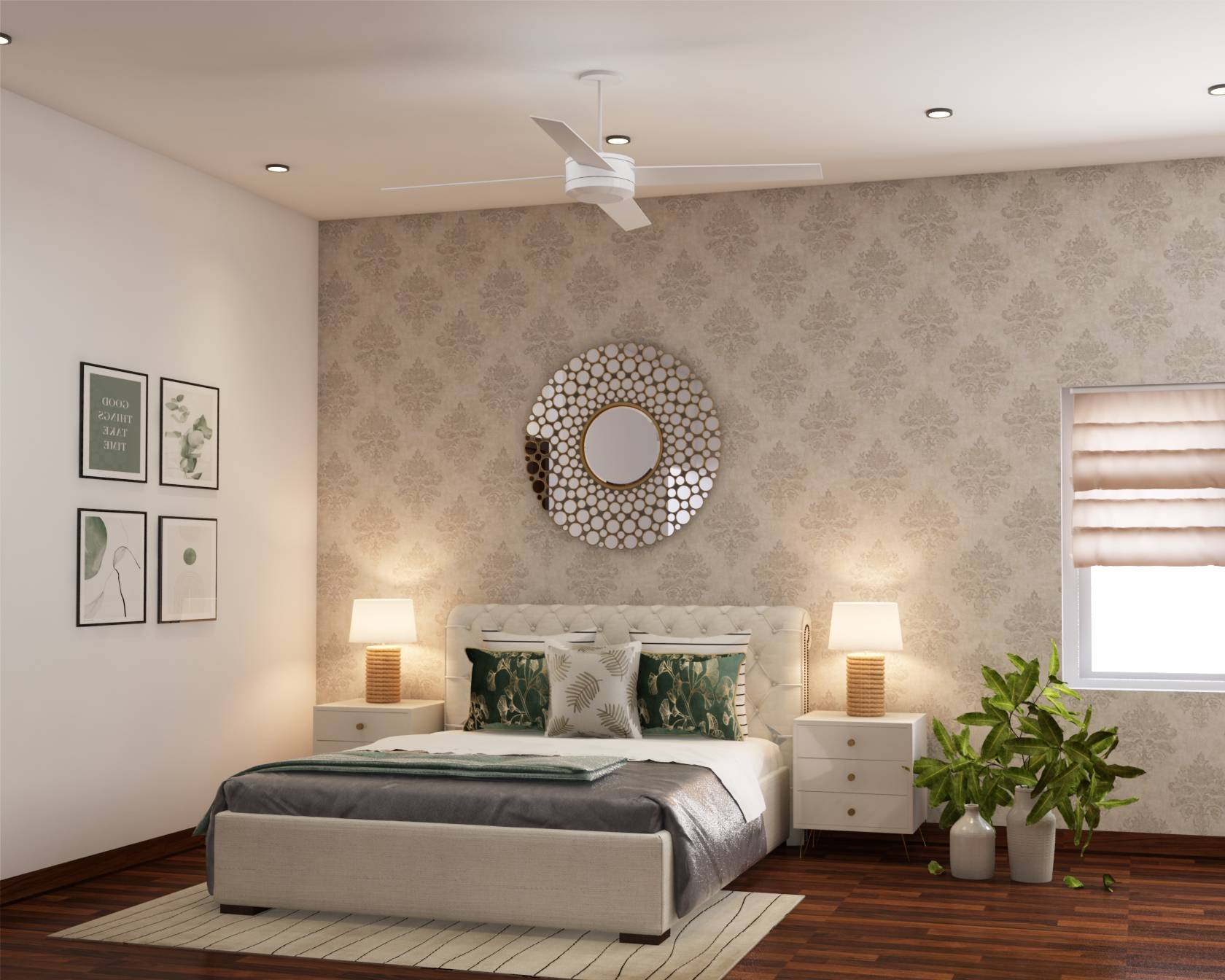 Compact White And Beige Themed Master Bedroom With Wooden Flooring ...