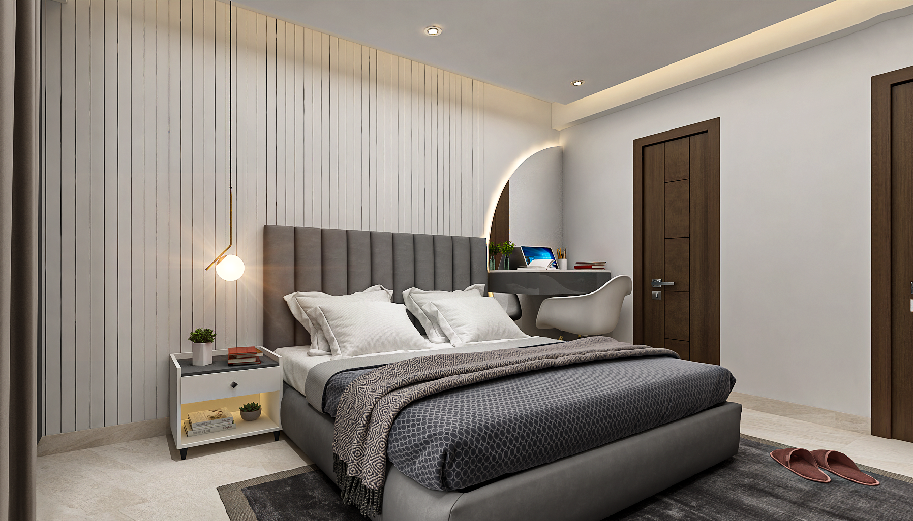 Master Bedroom Design with Grey Headboard Design and Vertical Stripes ...