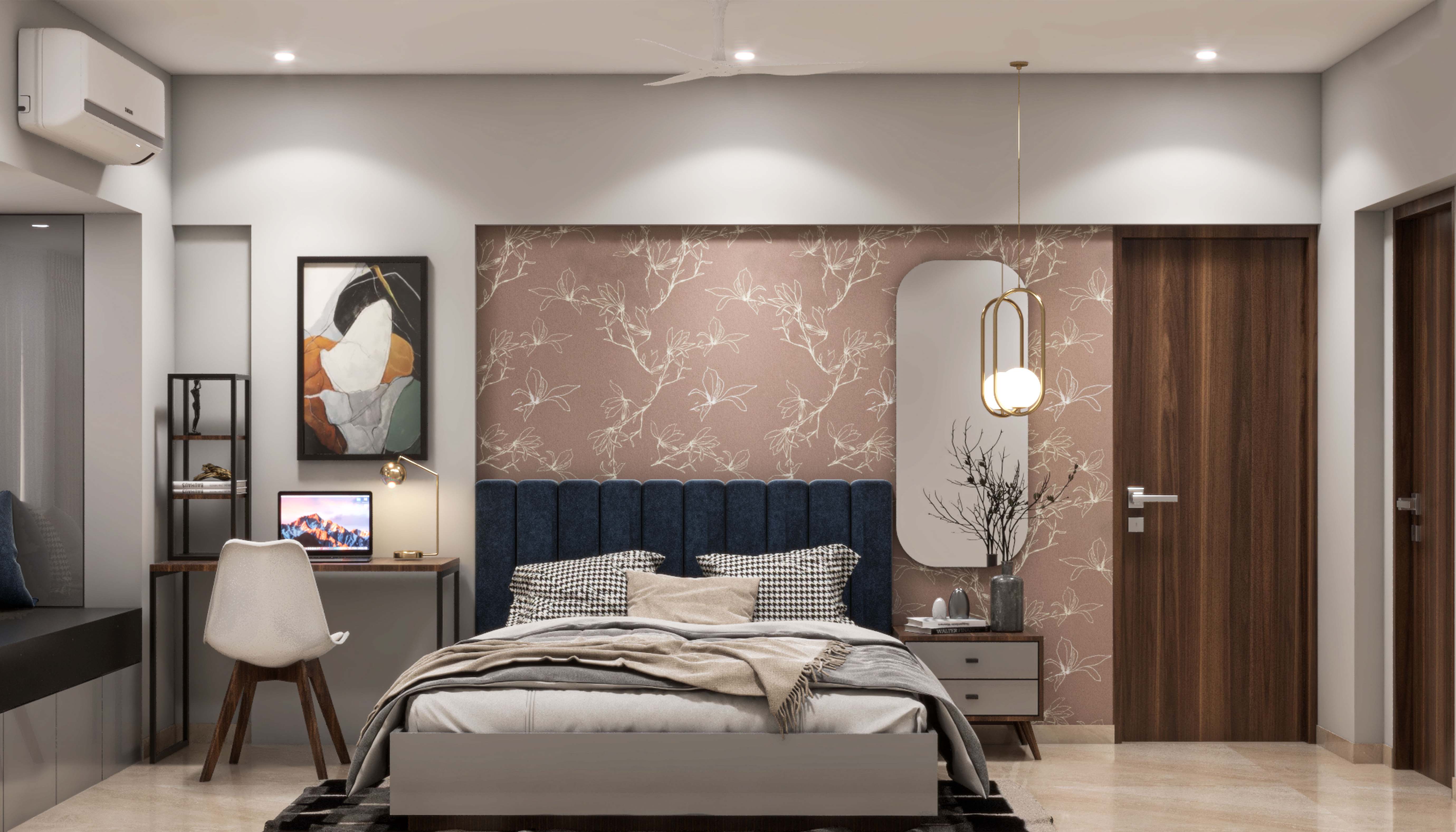 Contemporary Master Bedroom Design With Printed Wall | Livspace