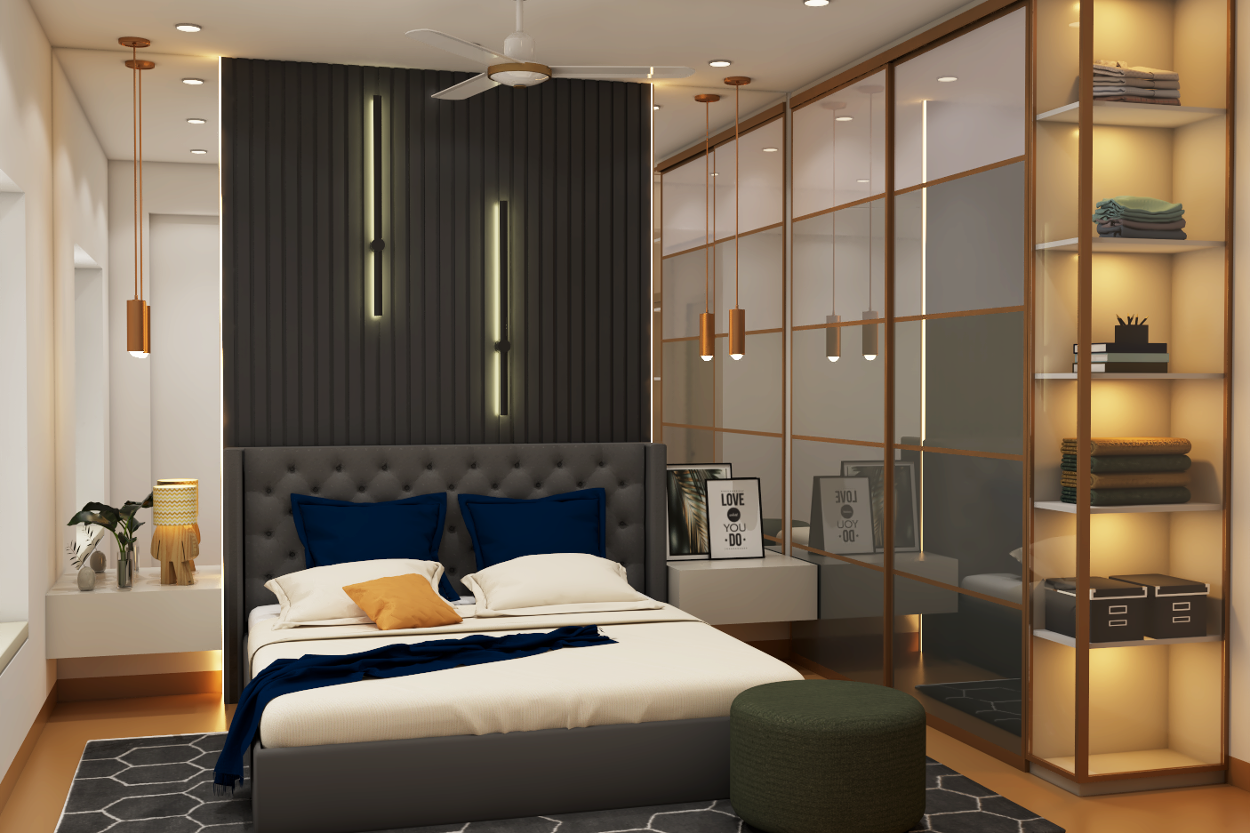 Compact Master Bedroom Design With Mirrored Wardrobe | Livspace
