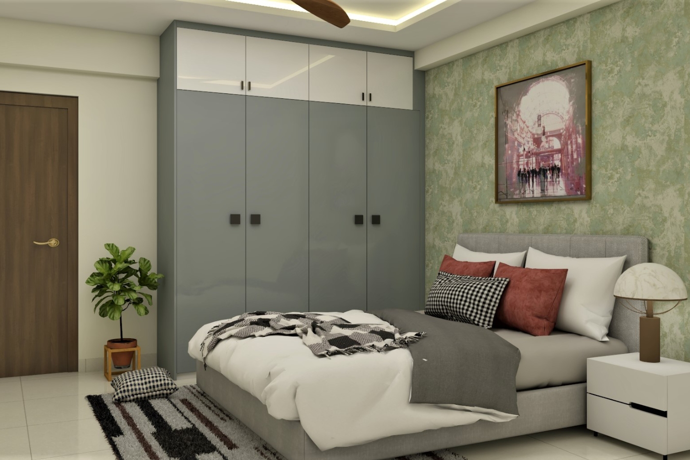 Spacious Master Bedroom Design With Textured Wallpaper | Livspace