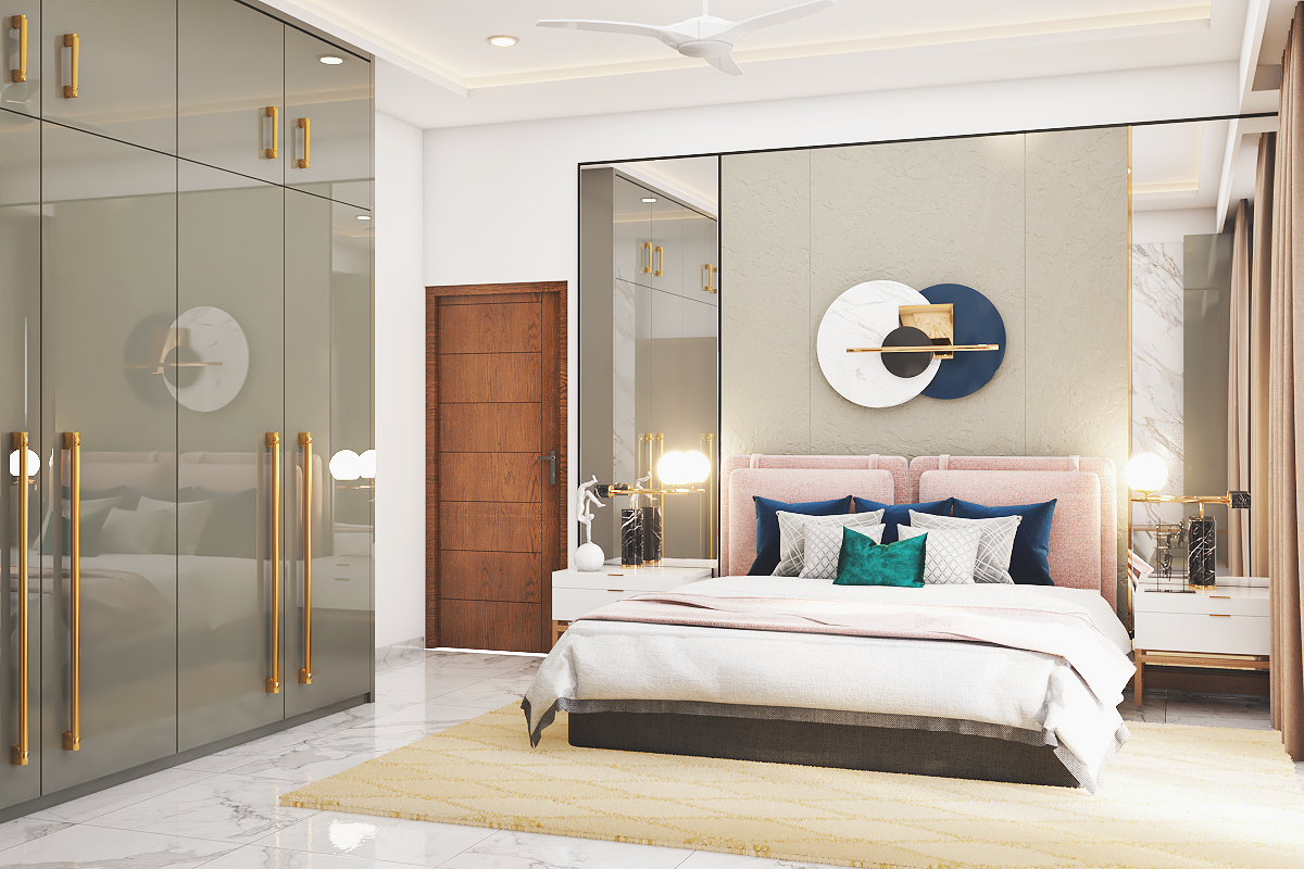 Spacious Master Bedroom Design With Mirrored Accent Wall | Livspace
