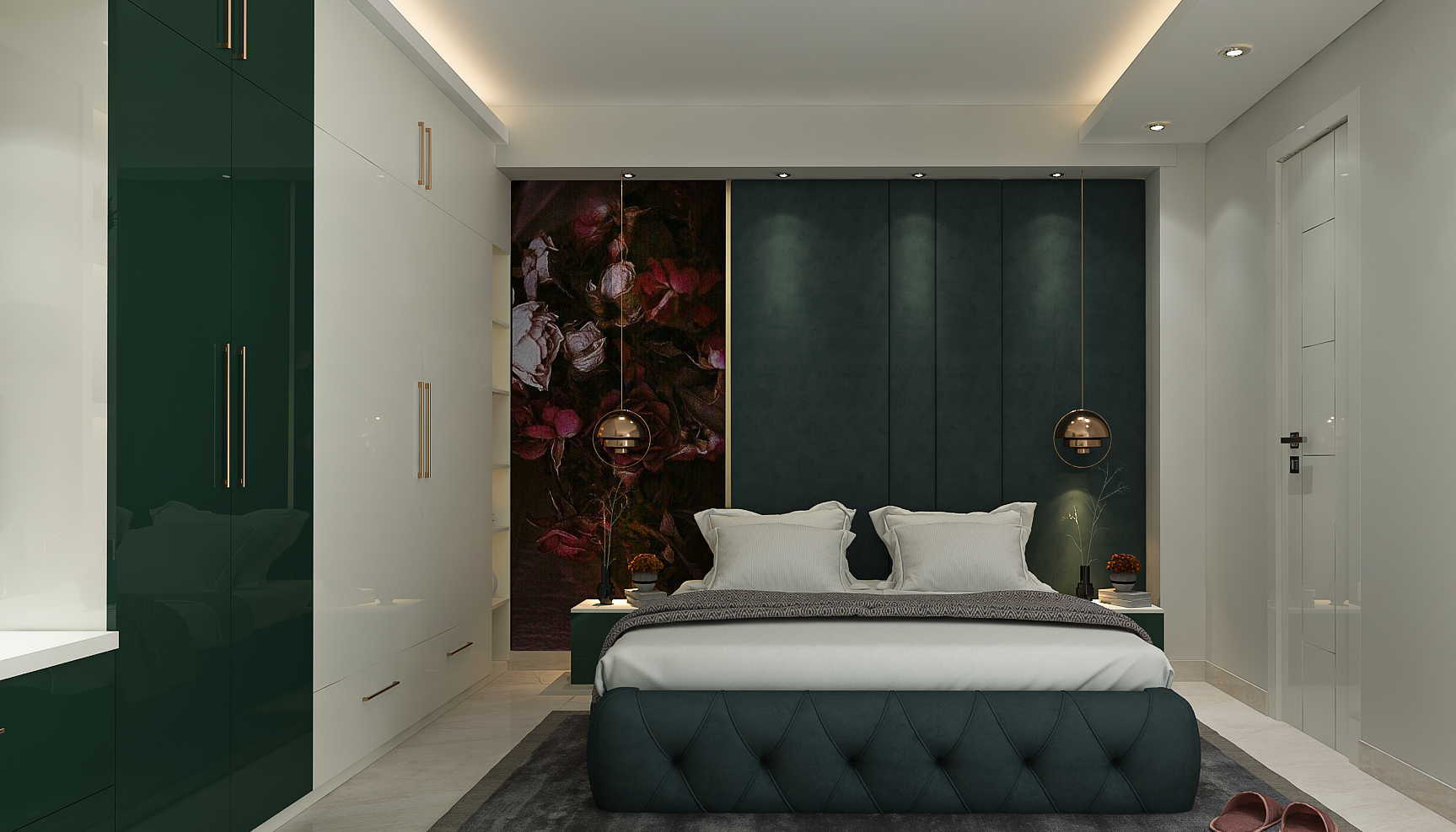 Modern Bedroom Design with Wall Painting and Dark Green Accent Wall ...