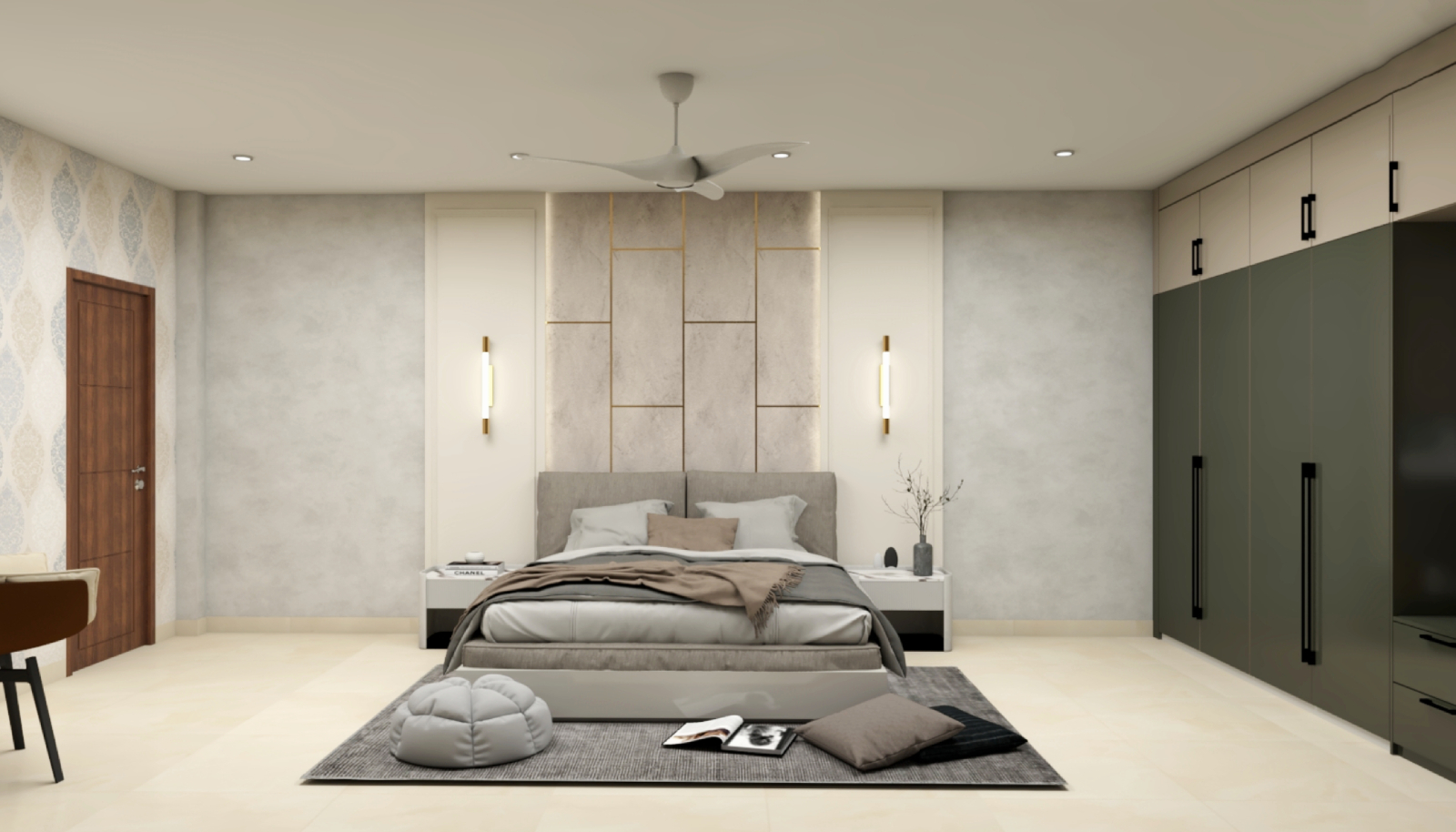 Grey Modern Master Bedroom Design With Wardrobe and Loft | Livspace