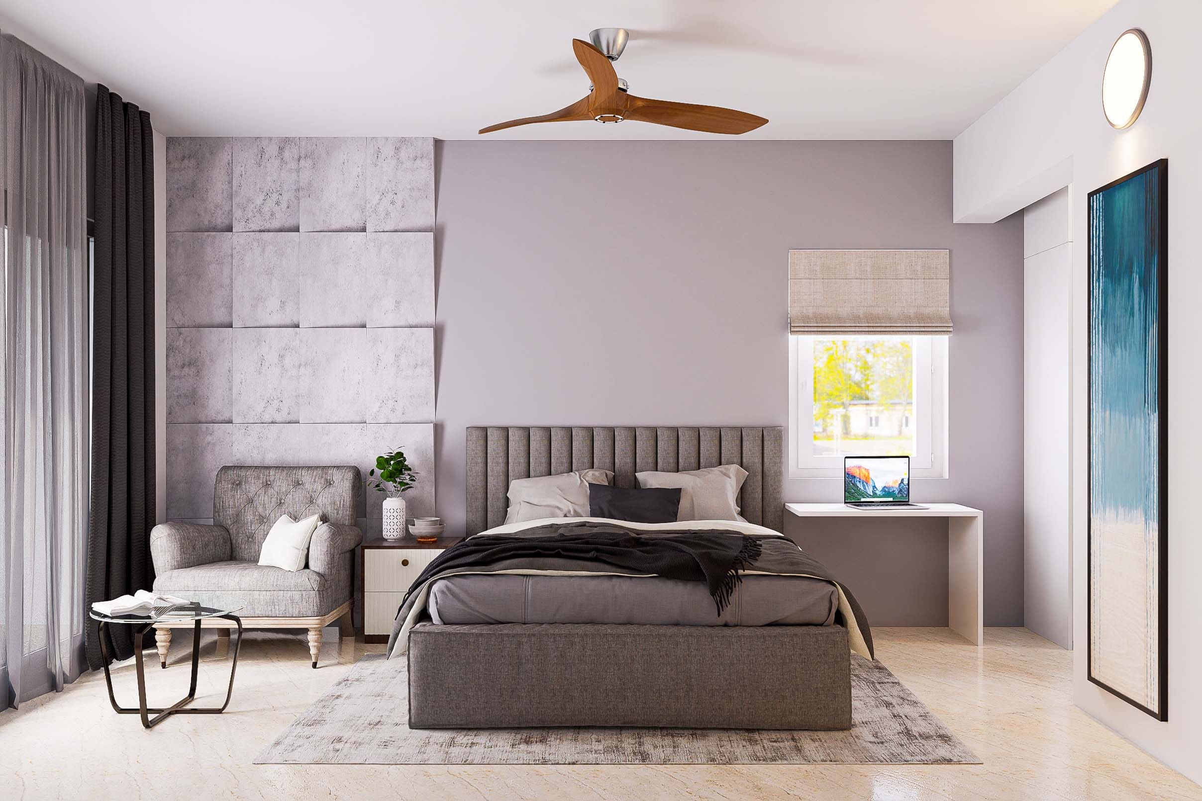 Modern Master Bedroom Design With Grey Tufted Bed And L-Shaped Study ...