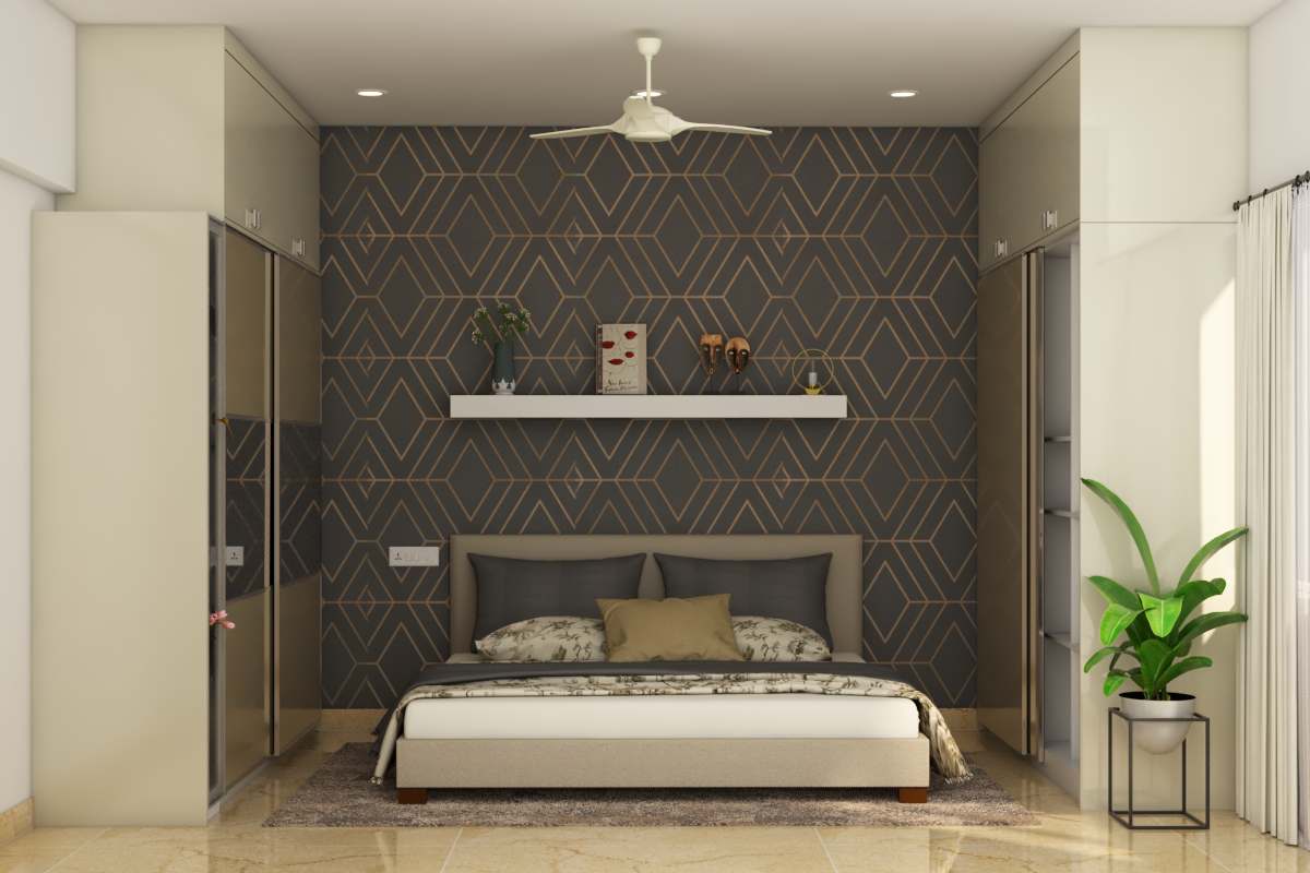 Spacious Master Bedroom Design With Dark Grey Wallpaper | Livspace
