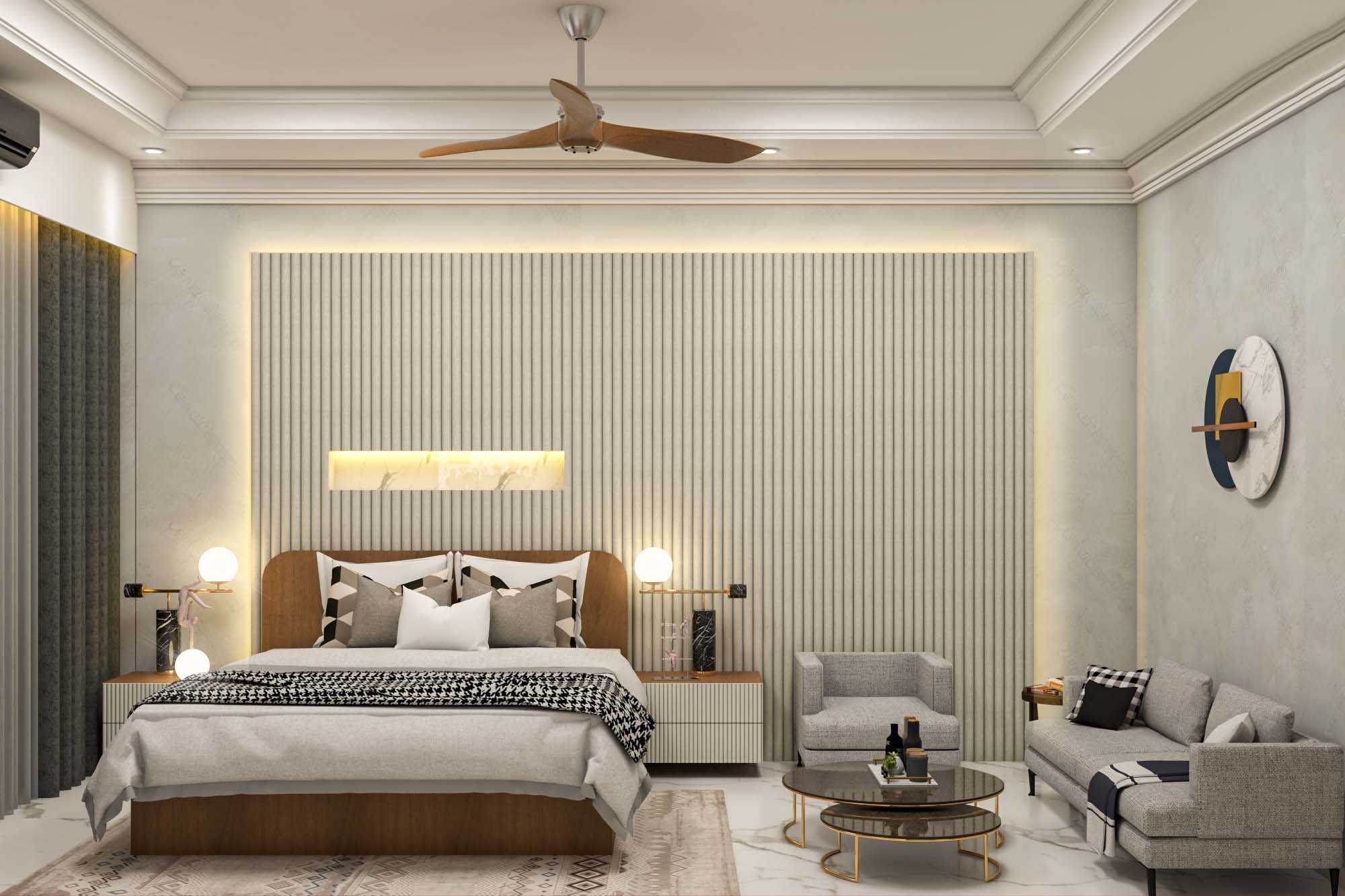 Contemporary Master Bedroom Design With Wooden Panelling | Livspace