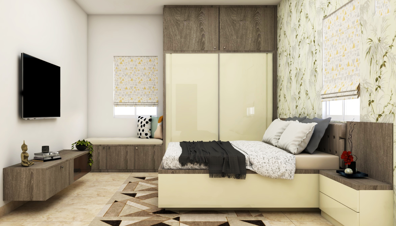 Cream And Wooden Themed Modern Style Master Bedroom Design | Livspace