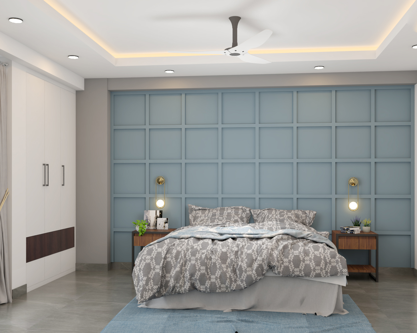 Contemporary Teal-Blue Bedroom Design With Wooden Side Tables And Wall ...