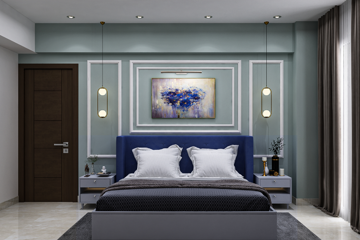Spacious Master Bedroom Design With Dark Blue Tufted Headboard | Livspace