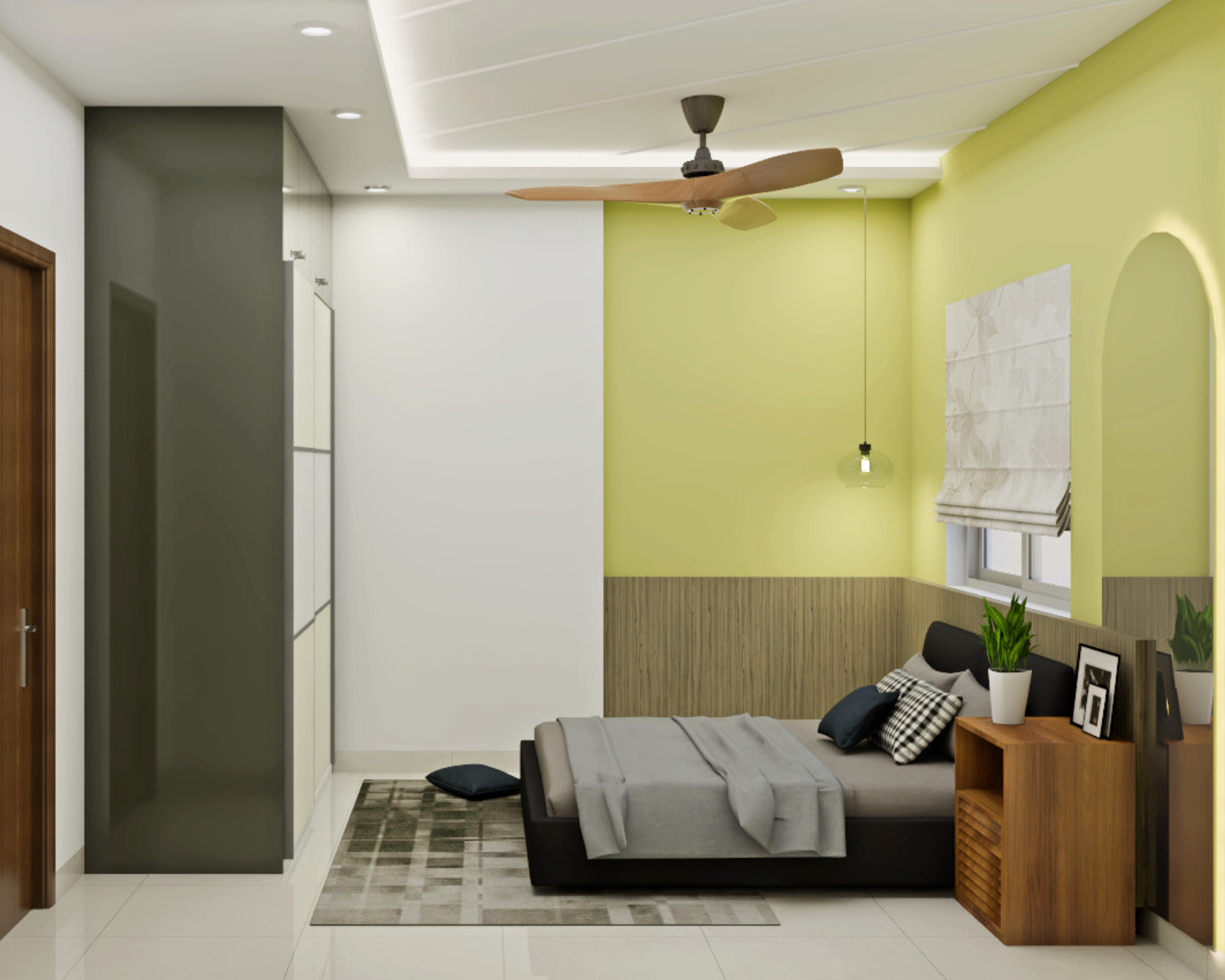 Modern Master Bedroom Design With Yellow Accent Wall | Livspace