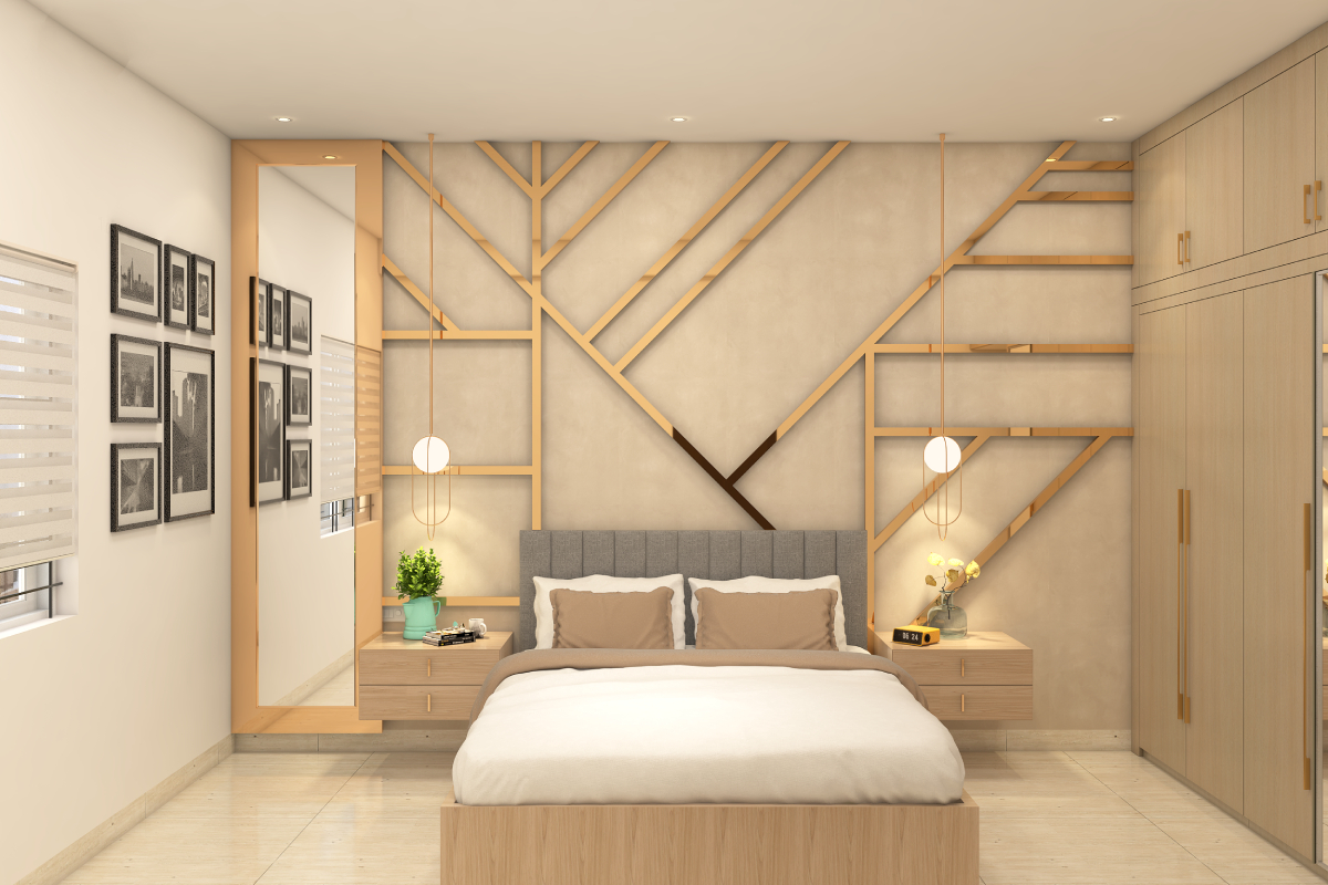 Spacious Master Bedroom Design With Long Mirror | Livspace