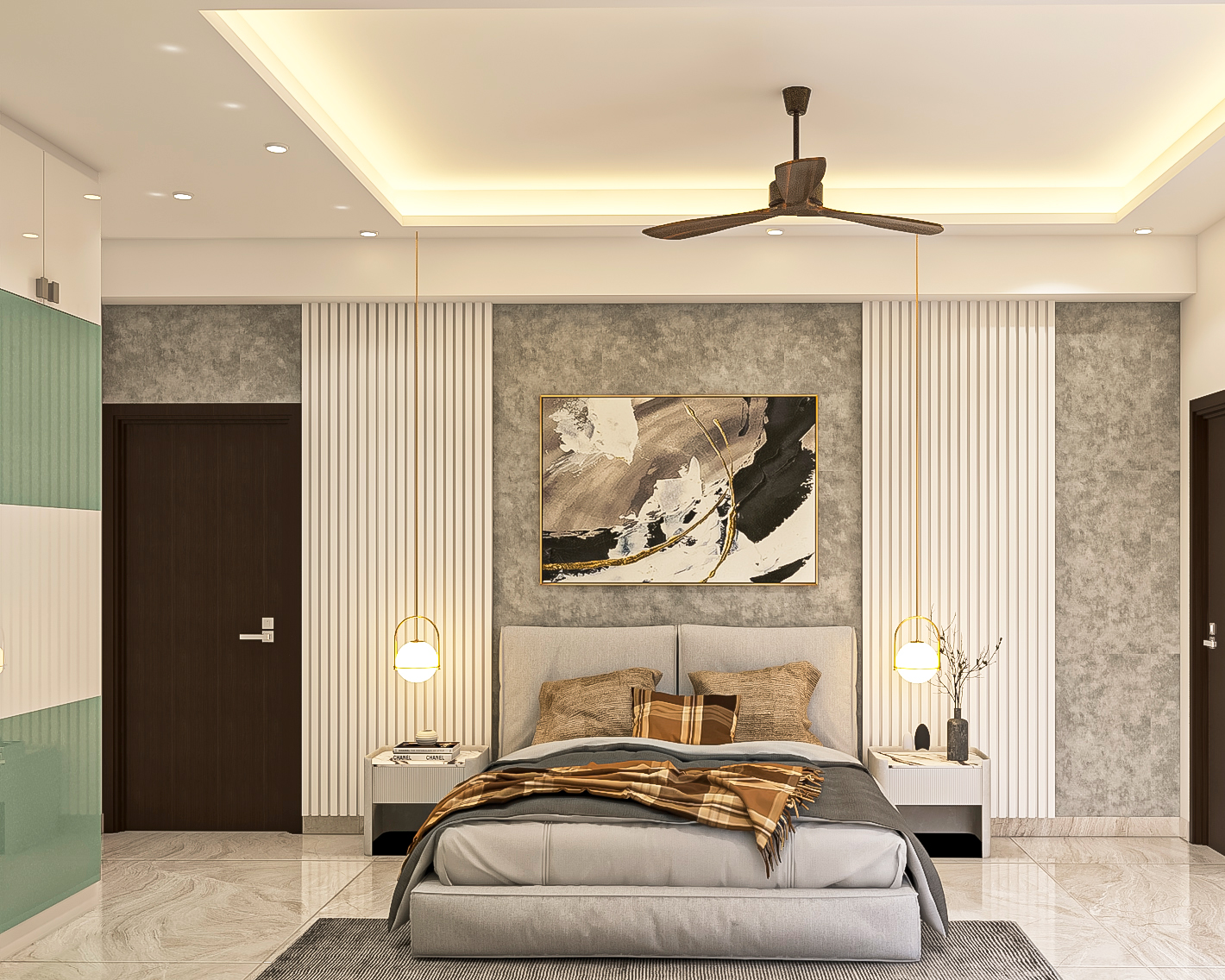 Compact Master Bedroom Design With Grey Wallpaper And Bordered Panels ...