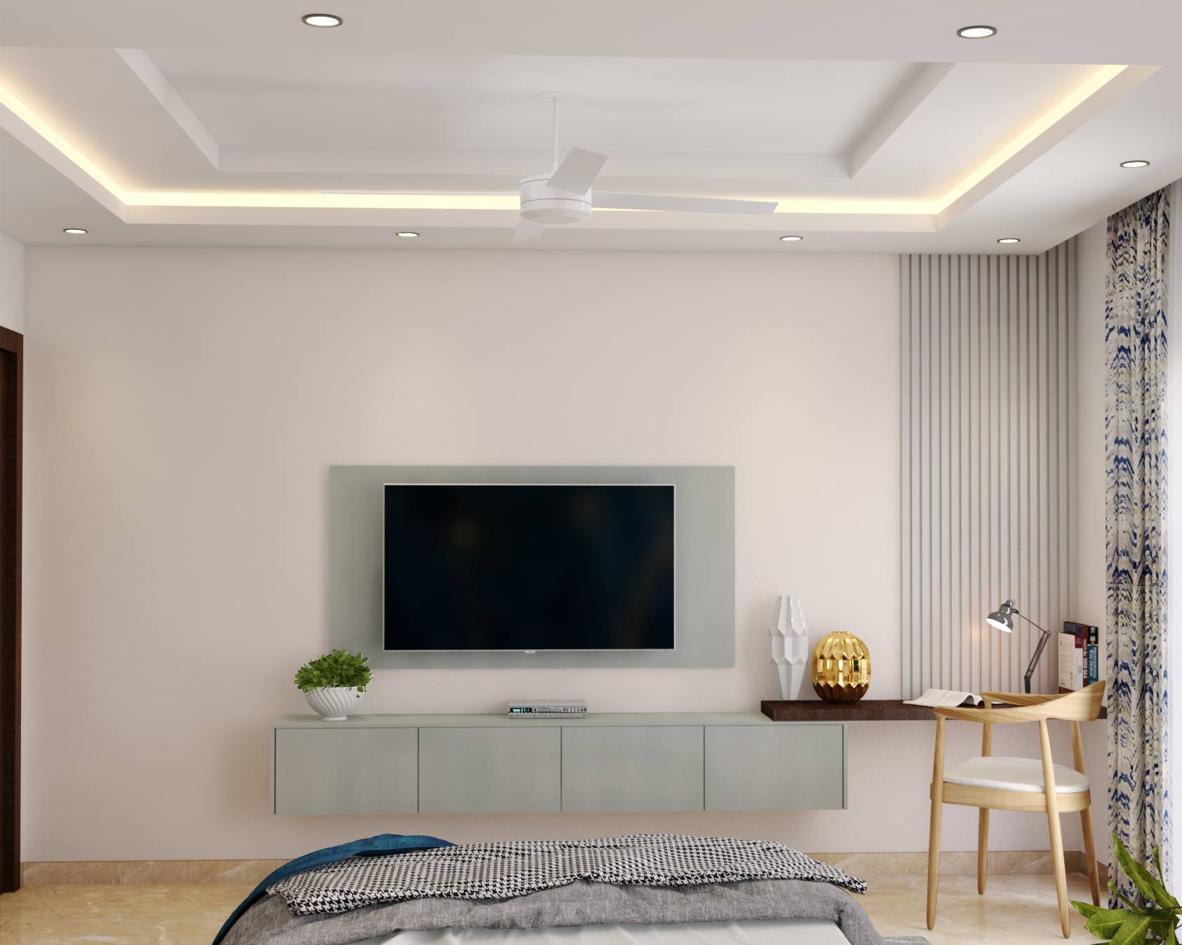 Modern Spacious Master Bedroom Design With Blue Wallpaper And White ...