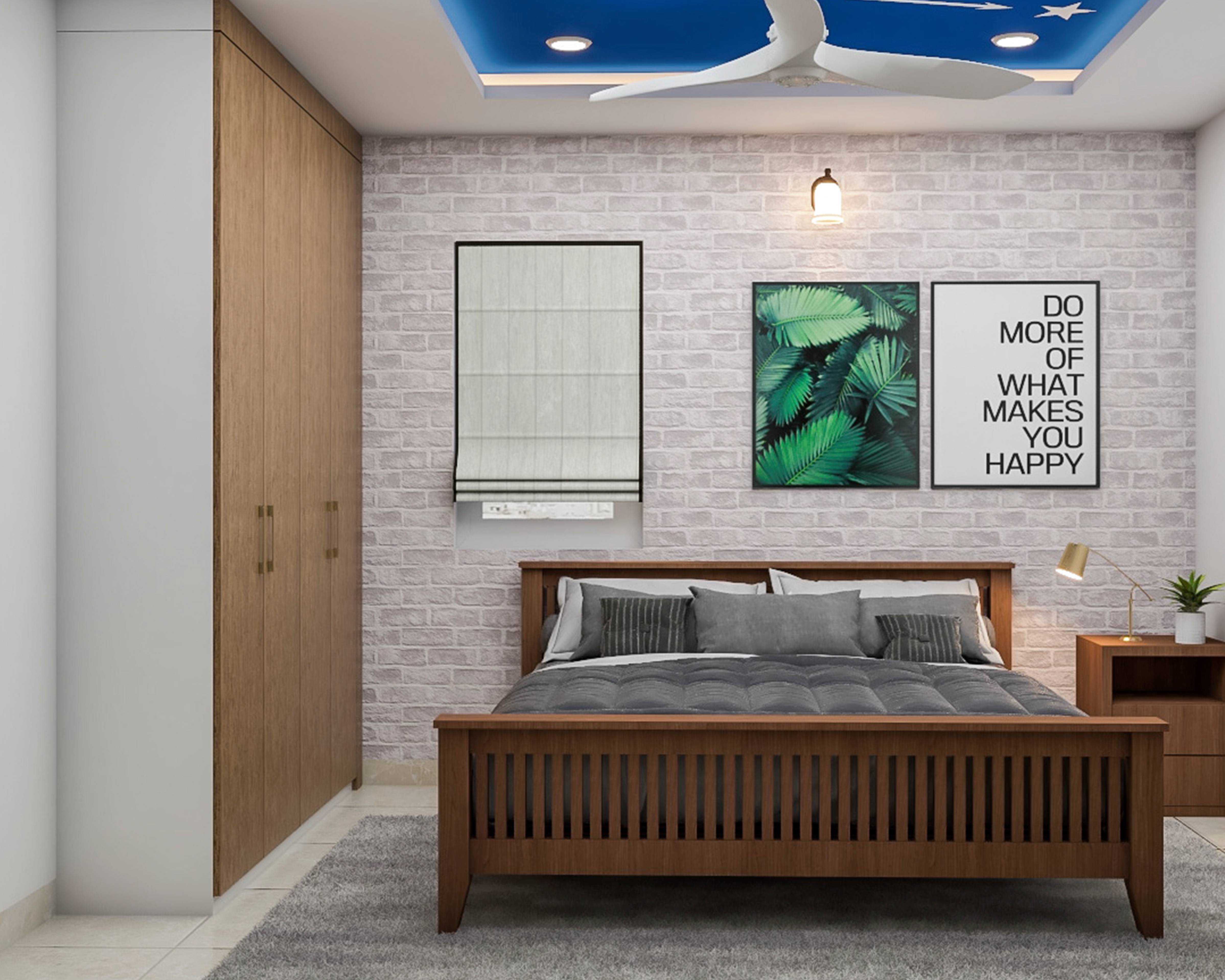 Compact Master Bedroom Design With Brick-Textured Accent Wall | Livspace