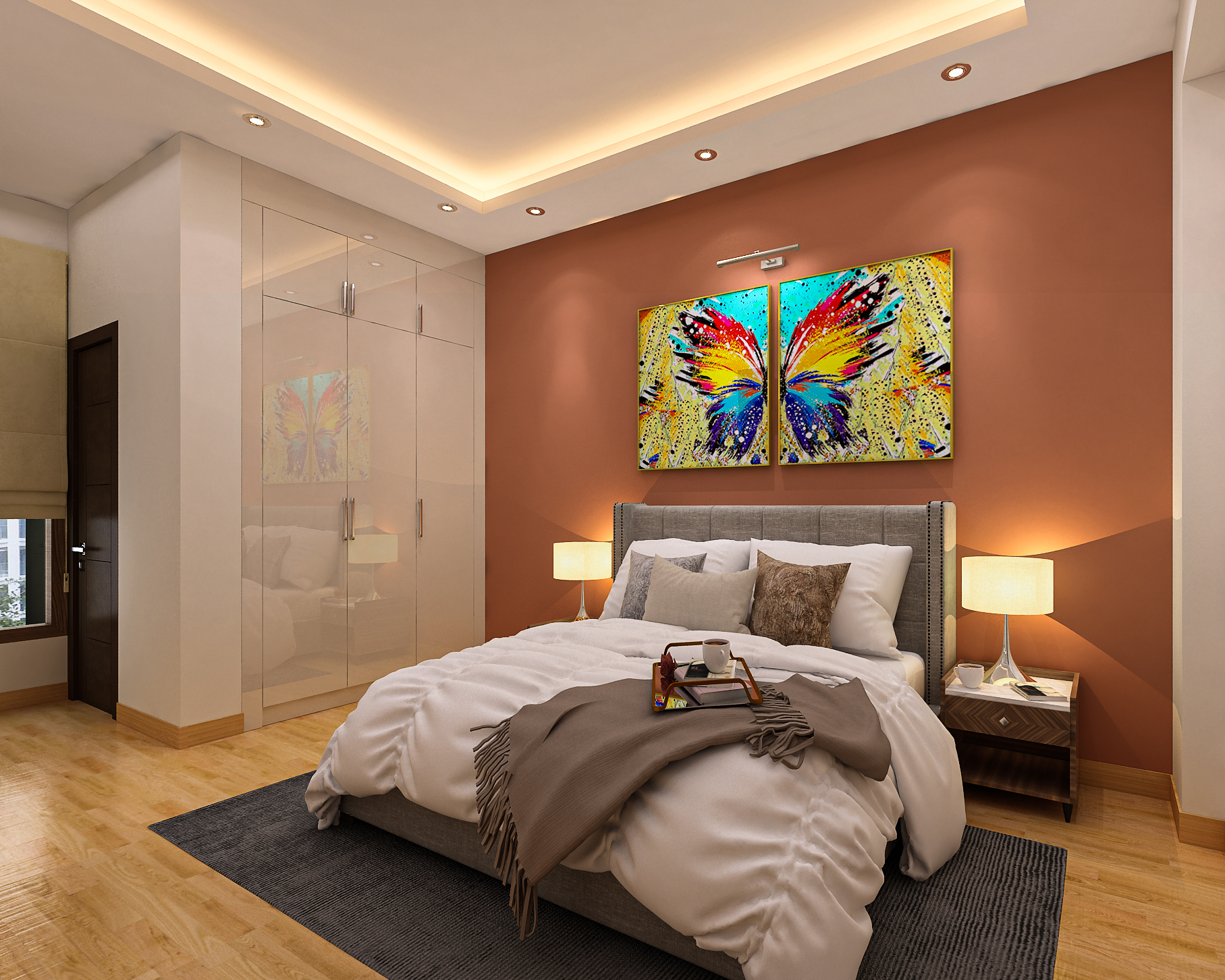Master Bedroom Design With Dark Brown Wall And Glossy Wardrobe | Livspace