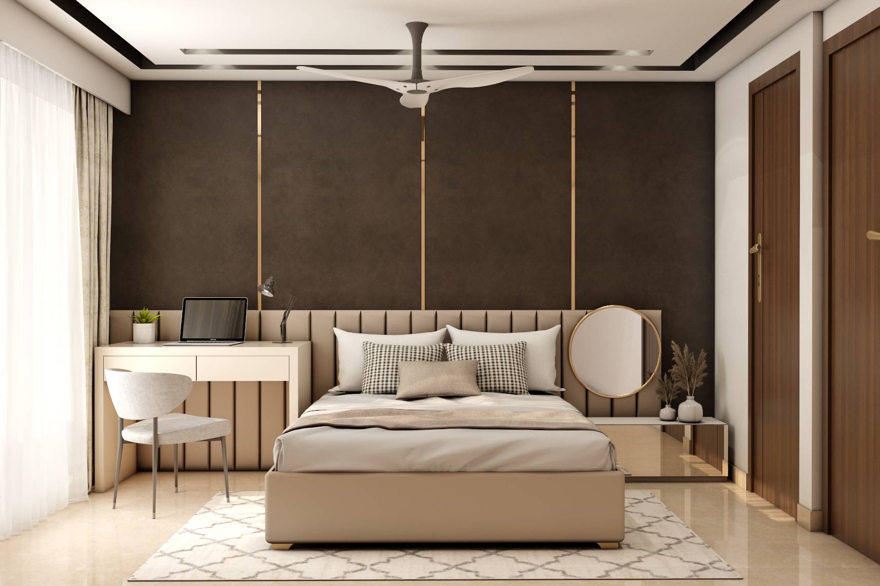 Spacious Master Bedroom Design With Dark Brown Headboard Wall | Livspace