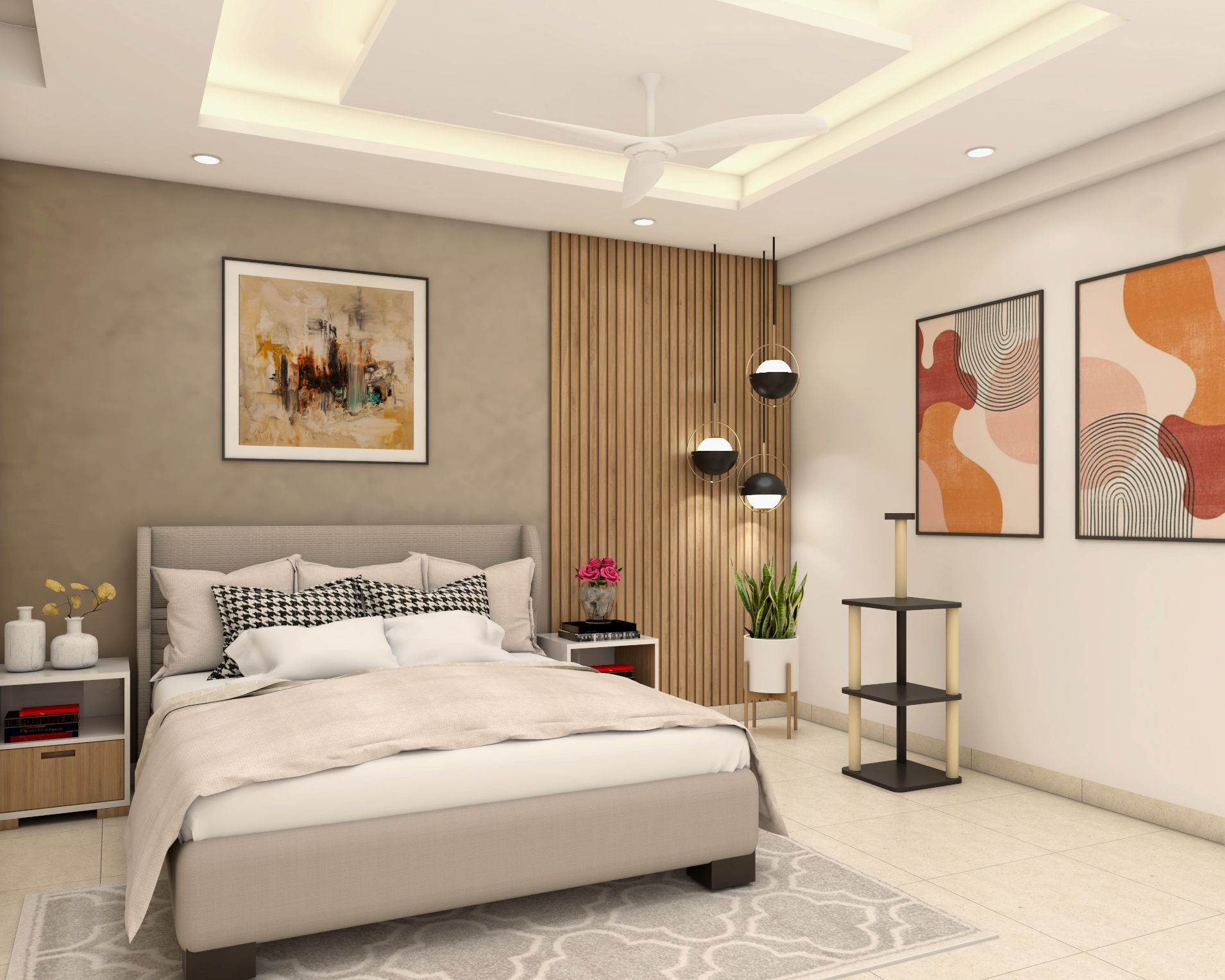 Contemporary Master Bedroom Design With Pendant Lights | Livspace