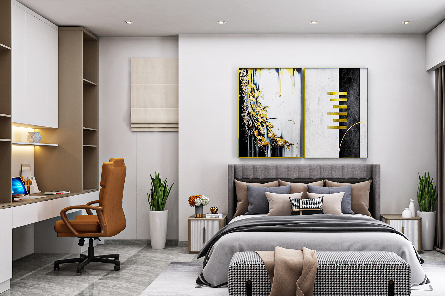 Spacious Master Bedroom Design With Grey Tufted Headboard And Study ...