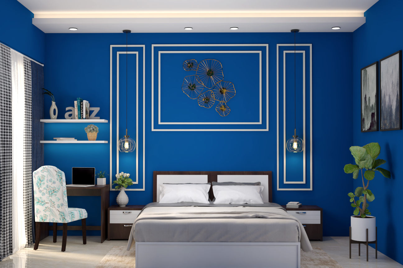 Classic Spacious Master Bedroom Design With Wall Shelves | Livspace