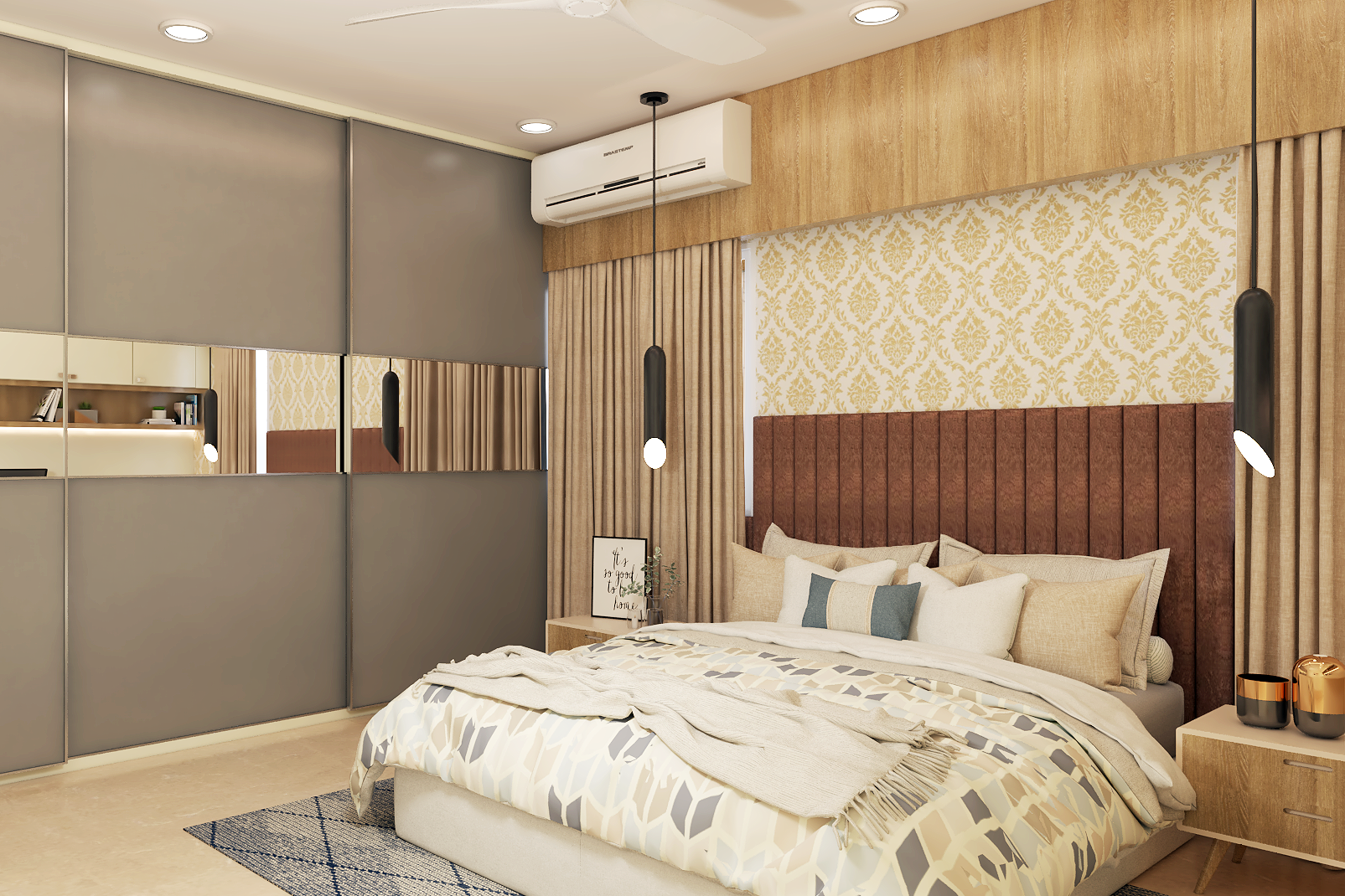 Modern Bedroom Design With Grey Sliding Wardrobe | Livspace