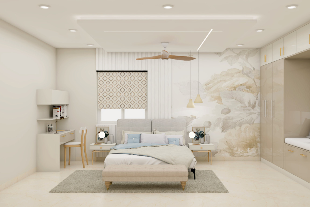 Floral Wallpaper Modern Master Bedroom Design | Livspace