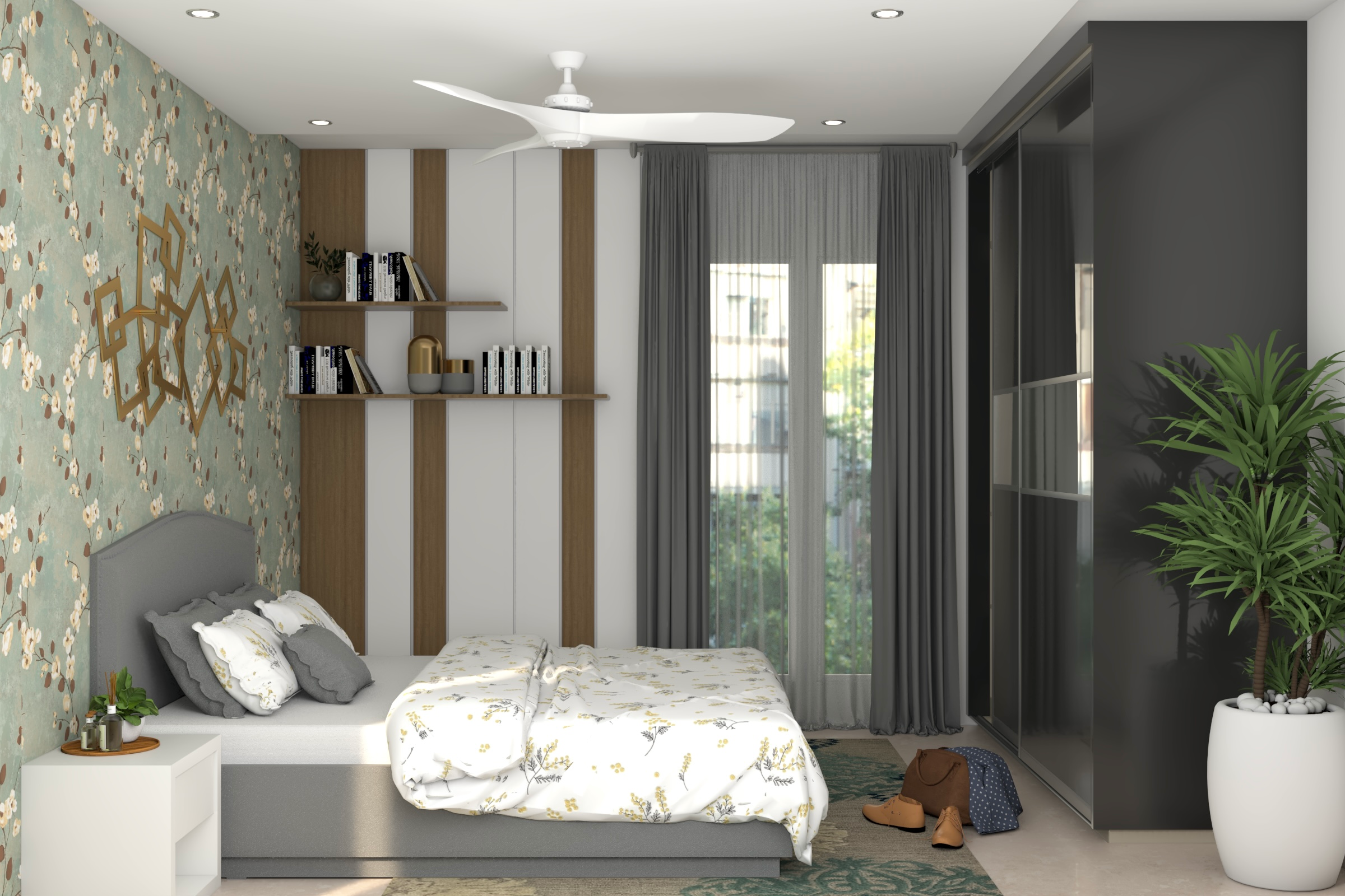 Contemporary Compact Master Bedroom Design With Grey Double Bed | Livspace