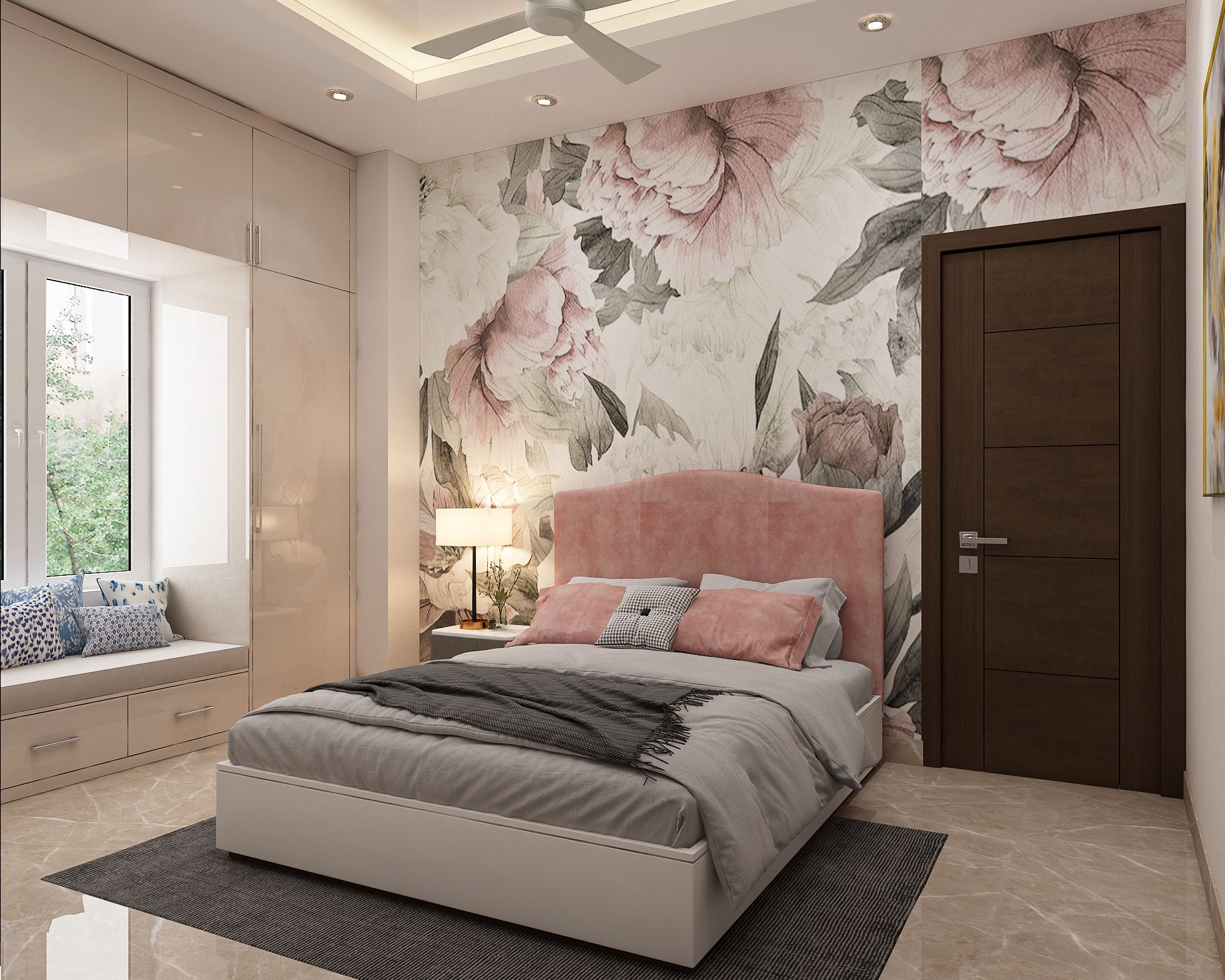 Modern Master Bedroom Design With Pink Headboard | Livspace