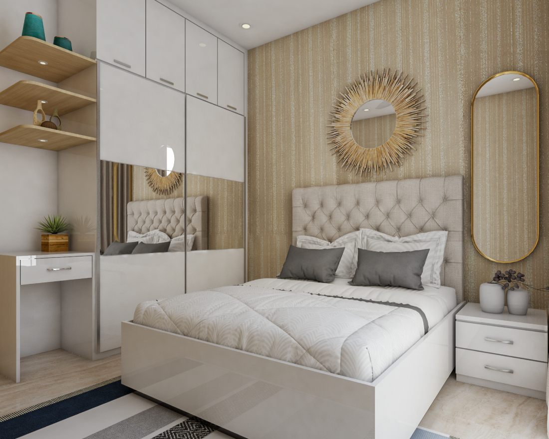 Compact Master Bedroom Design With Grey Tufted Bed | Livspace