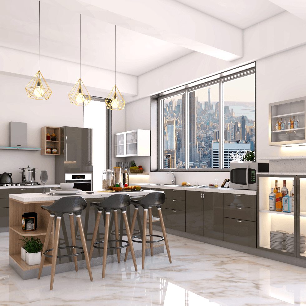 Spacious Open Kitchen Design Idea With Glossy Shutters | Livspace