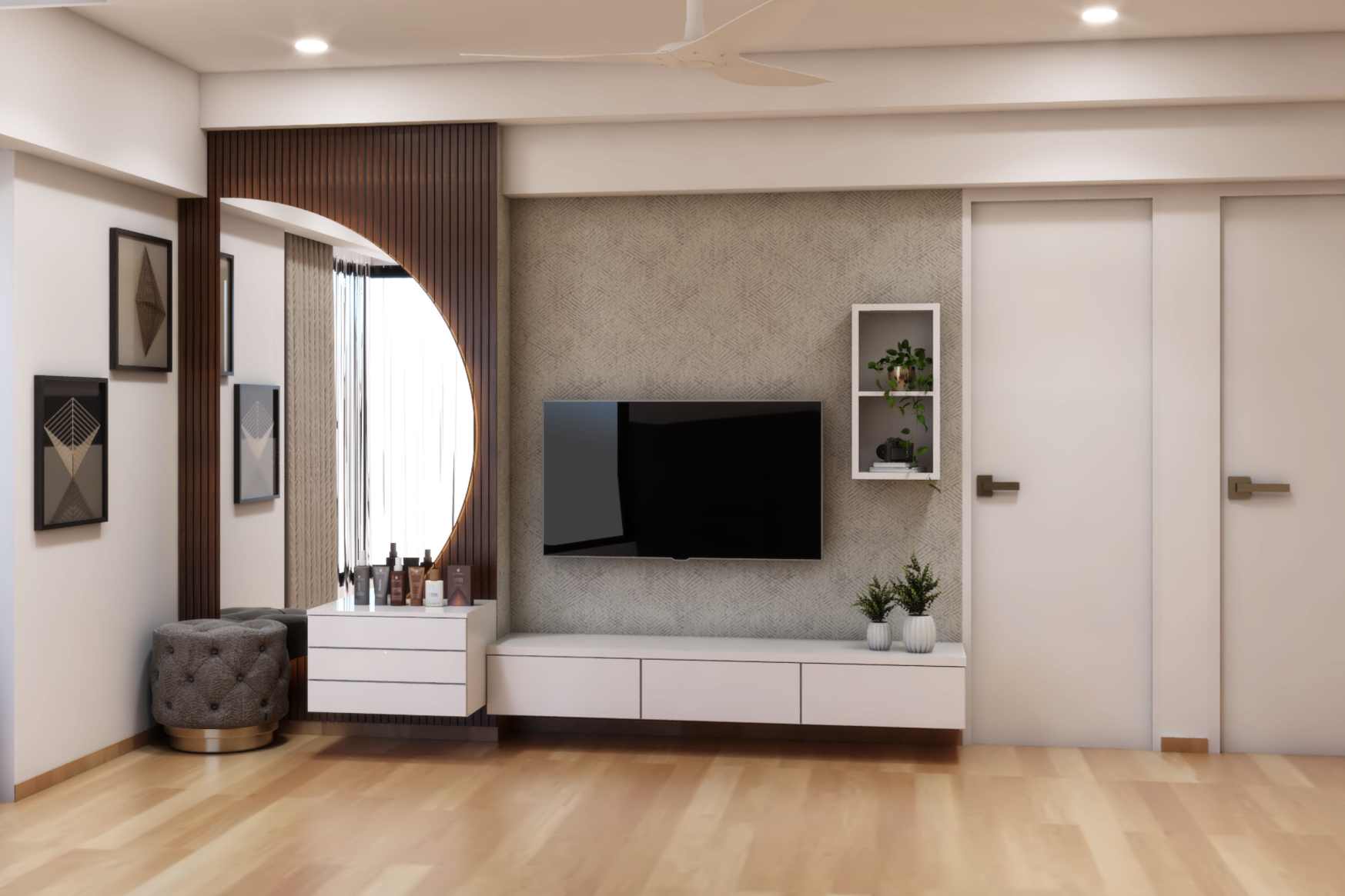 White Modern TV Unit Design With Shelves | Livspace