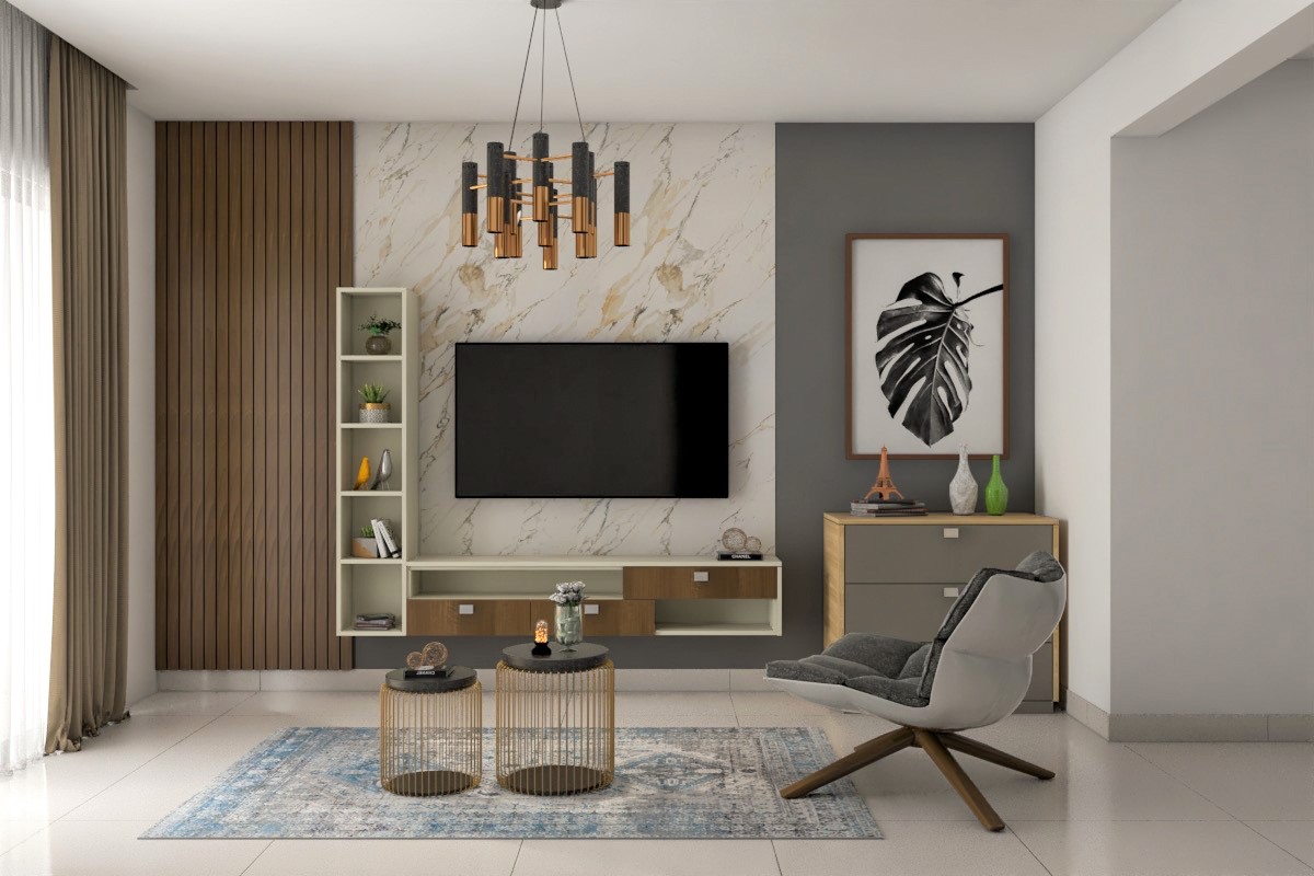 Aesthetic TV Unit Design with Marble Backdrop and Fluted Panels | Livspace