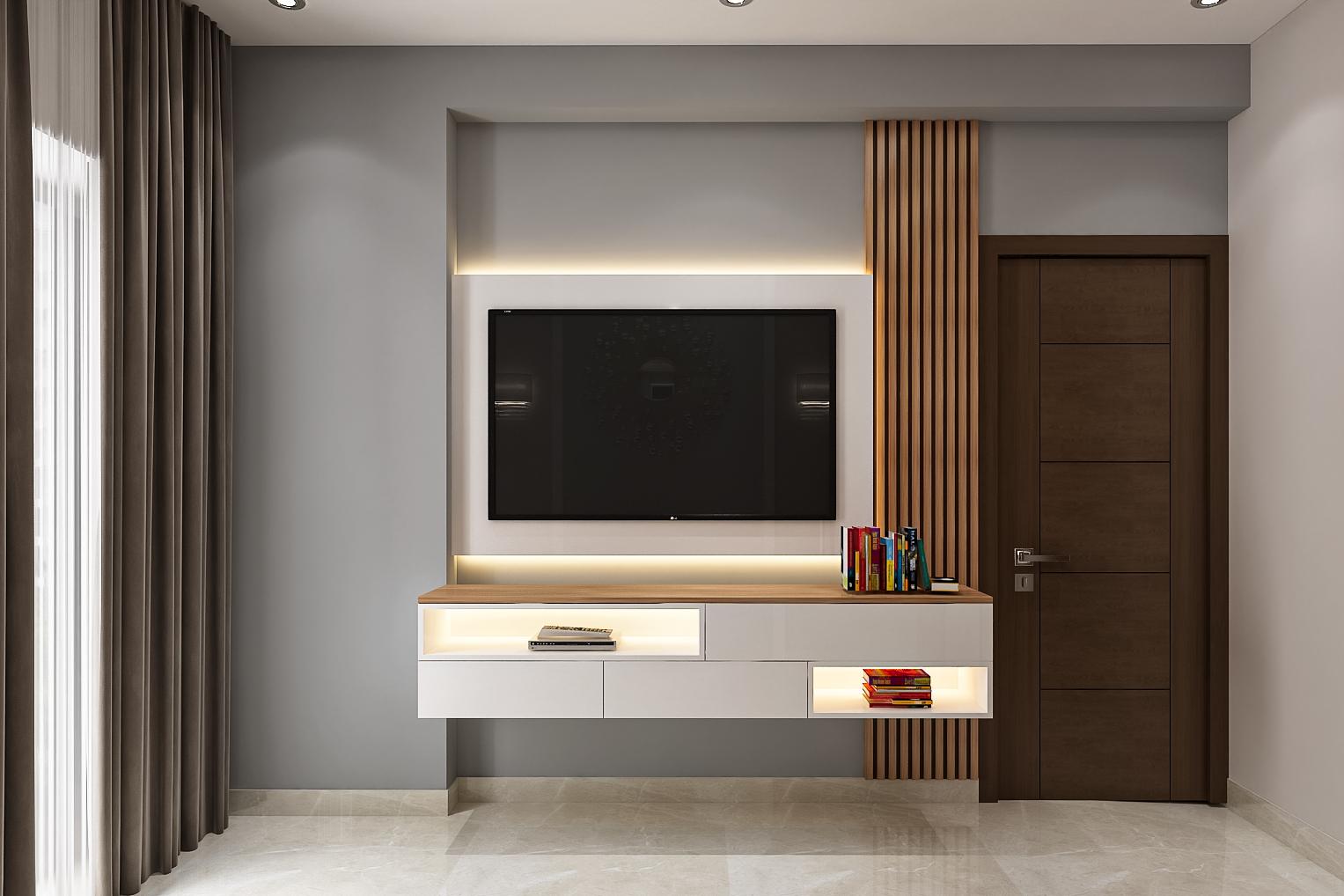 Tv Unit Neutral Neutral Spacious TV Unit Design With Grey Wall | Livspace